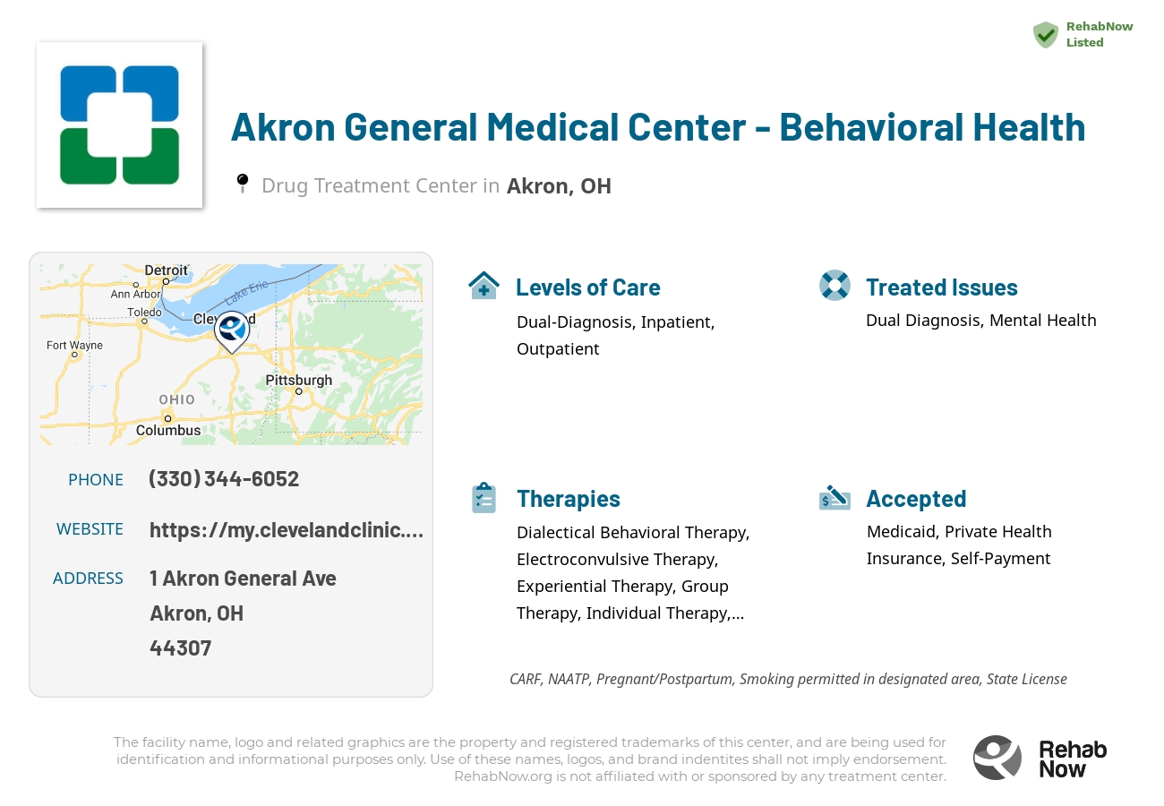 Helpful reference information for Akron General Medical Center - Behavioral Health, a drug treatment center in Ohio located at: 1 Akron General Ave, Akron, OH 44307, including phone numbers, official website, and more. Listed briefly is an overview of Levels of Care, Therapies Offered, Issues Treated, and accepted forms of Payment Methods.