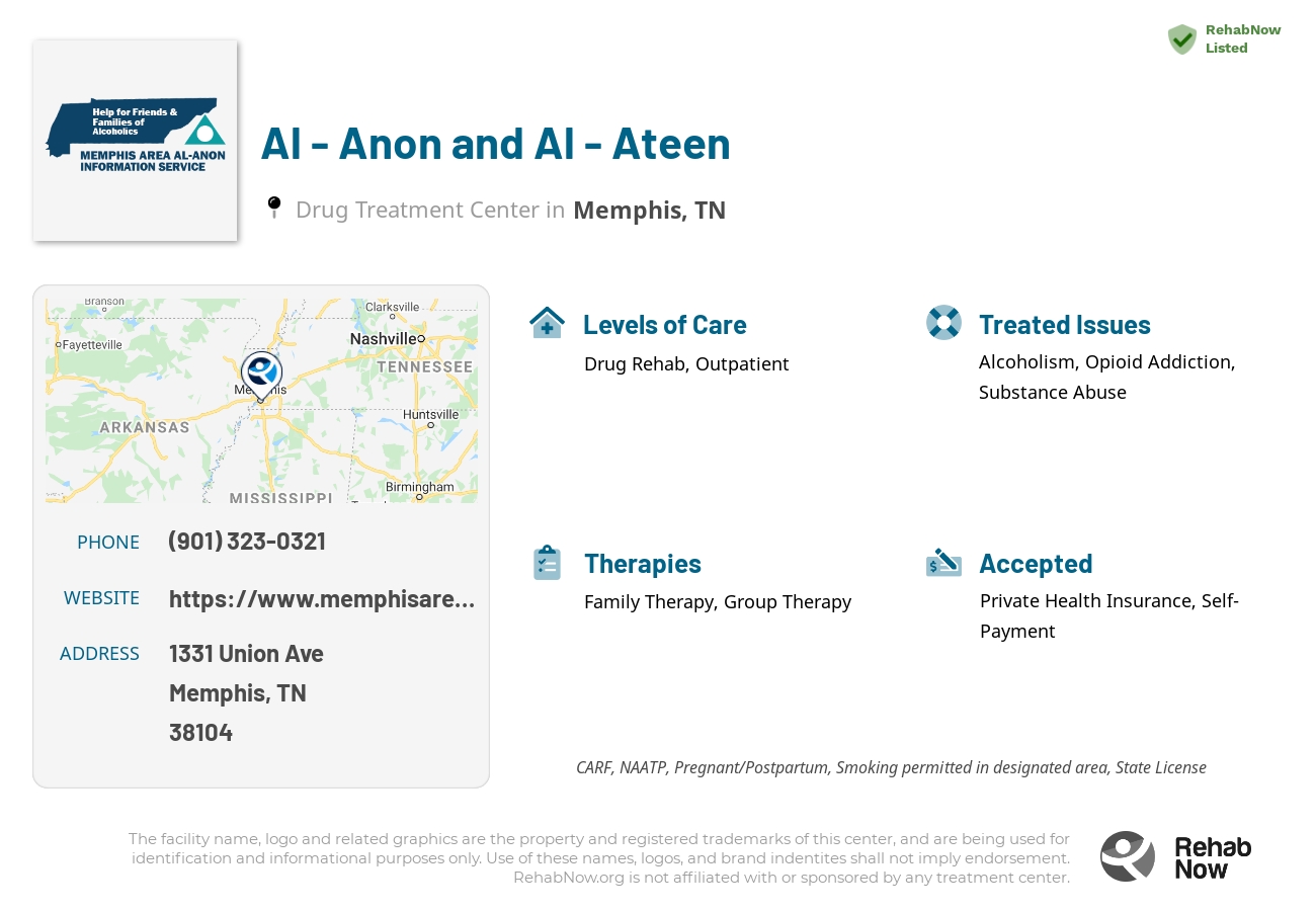 Helpful reference information for Al - Anon and Al - Ateen, a drug treatment center in Tennessee located at: 1331 Union Ave, Memphis, TN 38104, including phone numbers, official website, and more. Listed briefly is an overview of Levels of Care, Therapies Offered, Issues Treated, and accepted forms of Payment Methods.