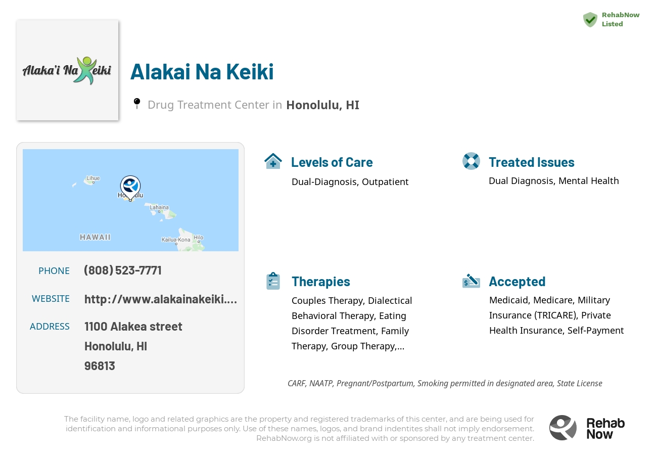 Helpful reference information for Alakai Na Keiki, a drug treatment center in Hawaii located at: 1100 Alakea street, Honolulu, HI, 96813, including phone numbers, official website, and more. Listed briefly is an overview of Levels of Care, Therapies Offered, Issues Treated, and accepted forms of Payment Methods.