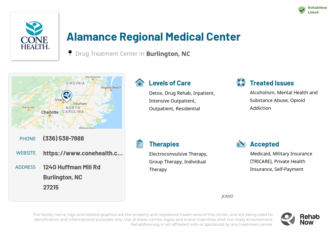 Helpful reference information for Alamance Regional Medical Center, a drug treatment center in North Carolina located at: 1240 Huffman Mill Rd, Burlington, NC 27215, including phone numbers, official website, and more. Listed briefly is an overview of Levels of Care, Therapies Offered, Issues Treated, and accepted forms of Payment Methods.