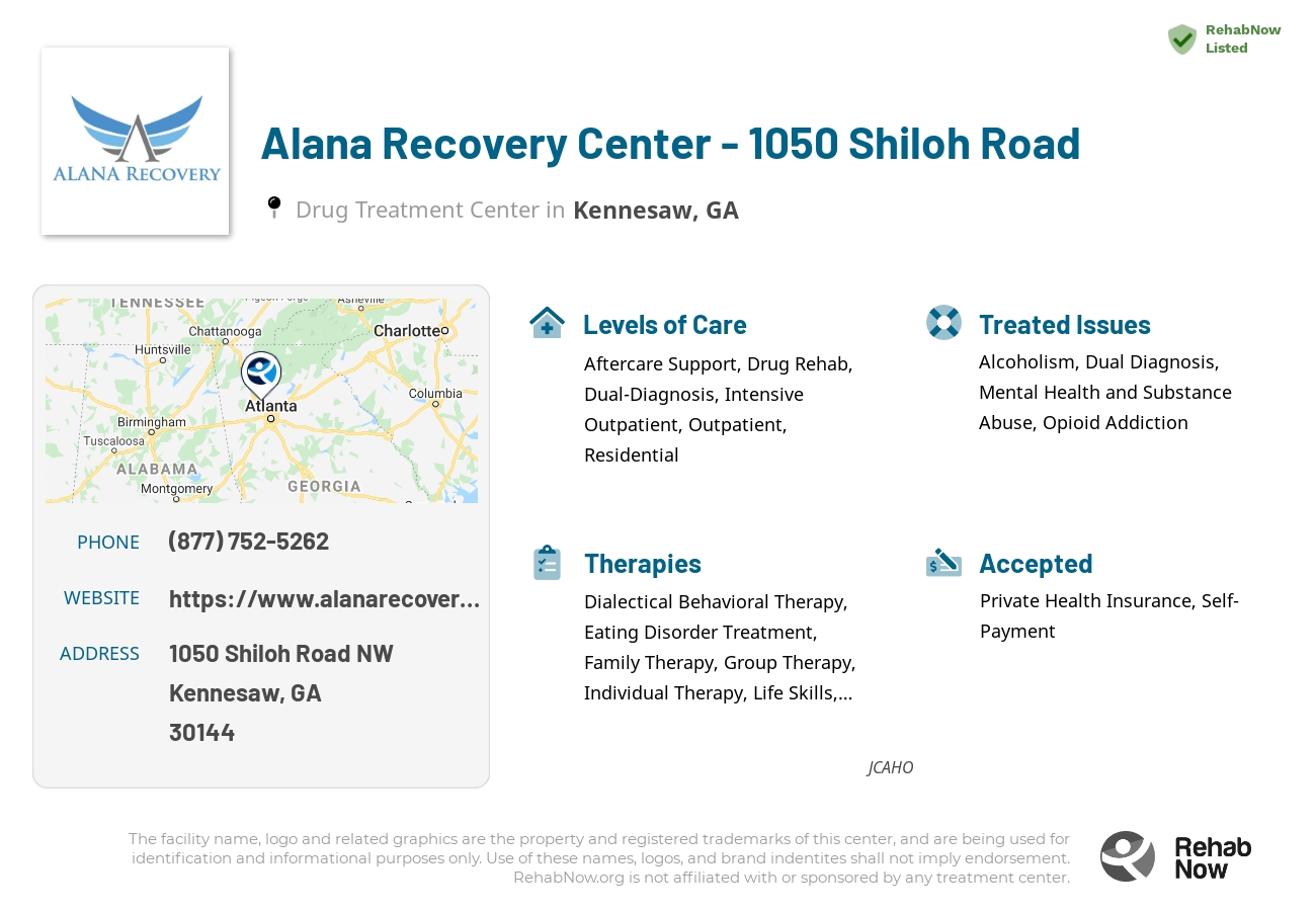 Helpful reference information for Alana Recovery Center - 1050 Shiloh Road, a drug treatment center in Georgia located at: 1050 1050 Shiloh Road NW, Kennesaw, GA 30144, including phone numbers, official website, and more. Listed briefly is an overview of Levels of Care, Therapies Offered, Issues Treated, and accepted forms of Payment Methods.