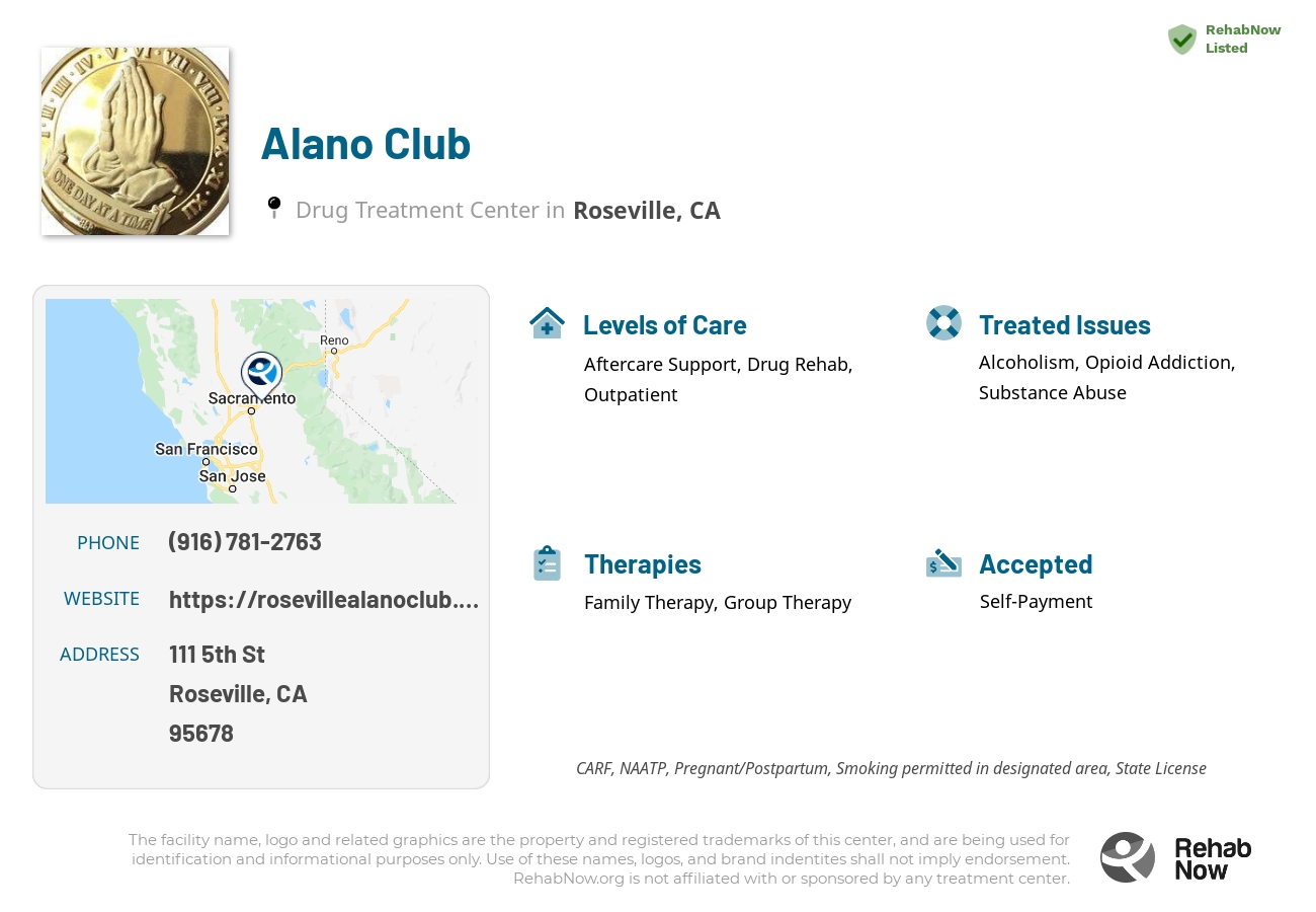 Helpful reference information for Alano Club, a drug treatment center in California located at: 111 5th St, Roseville, CA 95678, including phone numbers, official website, and more. Listed briefly is an overview of Levels of Care, Therapies Offered, Issues Treated, and accepted forms of Payment Methods.
