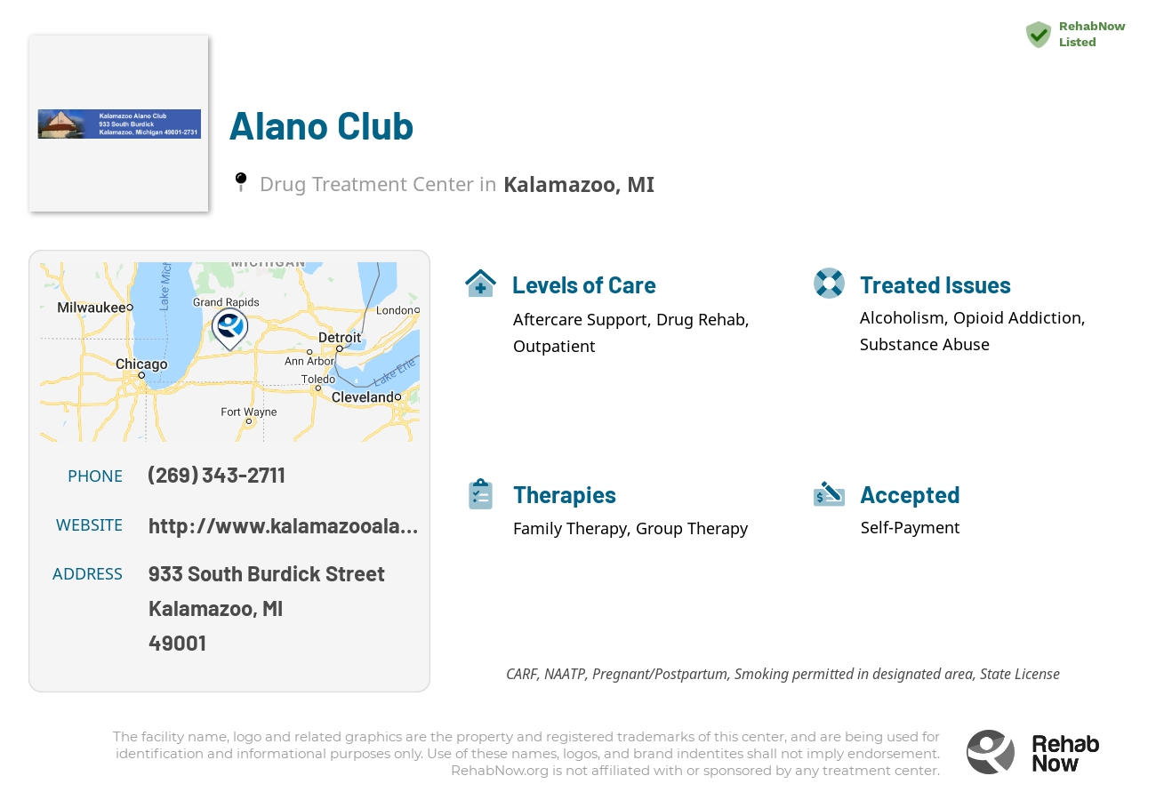 Helpful reference information for Alano Club, a drug treatment center in Michigan located at: 933 933 South Burdick Street, Kalamazoo, MI 49001, including phone numbers, official website, and more. Listed briefly is an overview of Levels of Care, Therapies Offered, Issues Treated, and accepted forms of Payment Methods.