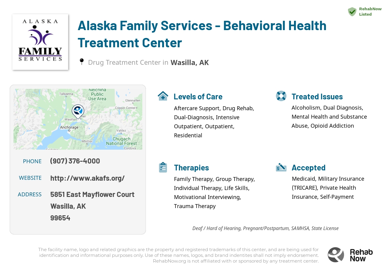 Helpful reference information for Alaska Family Services - Behavioral Health Treatment Center, a drug treatment center in Alaska located at: 5851 East Mayflower Court, Wasilla, AK 99654, including phone numbers, official website, and more. Listed briefly is an overview of Levels of Care, Therapies Offered, Issues Treated, and accepted forms of Payment Methods.