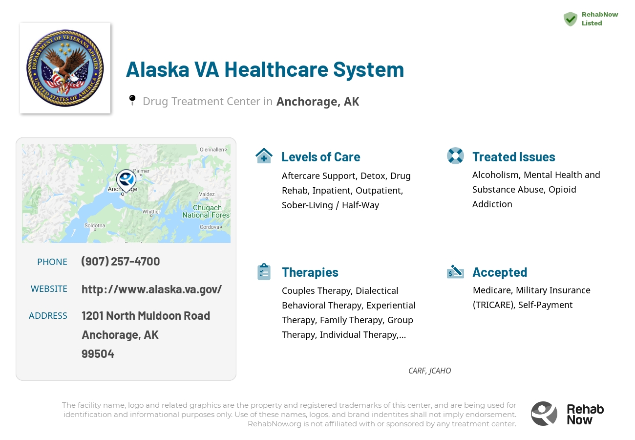 Helpful reference information for Alaska VA Healthcare System, a drug treatment center in Alaska located at: 1201 North Muldoon Road, Anchorage, AK, 99504, including phone numbers, official website, and more. Listed briefly is an overview of Levels of Care, Therapies Offered, Issues Treated, and accepted forms of Payment Methods.
