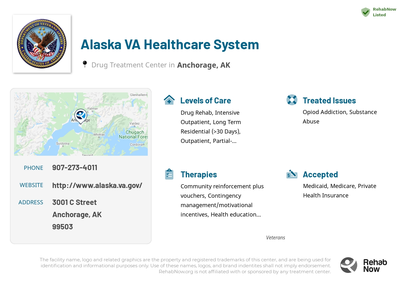 Helpful reference information for Alaska VA Healthcare System, a drug treatment center in Alaska located at: 3001 C Street, Anchorage, AK 99503, including phone numbers, official website, and more. Listed briefly is an overview of Levels of Care, Therapies Offered, Issues Treated, and accepted forms of Payment Methods.