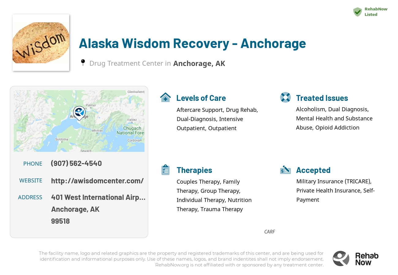 Helpful reference information for Alaska Wisdom Recovery - Anchorage, a drug treatment center in Alaska located at: 401 West International Airport Road, Anchorage, AK, 99518, including phone numbers, official website, and more. Listed briefly is an overview of Levels of Care, Therapies Offered, Issues Treated, and accepted forms of Payment Methods.