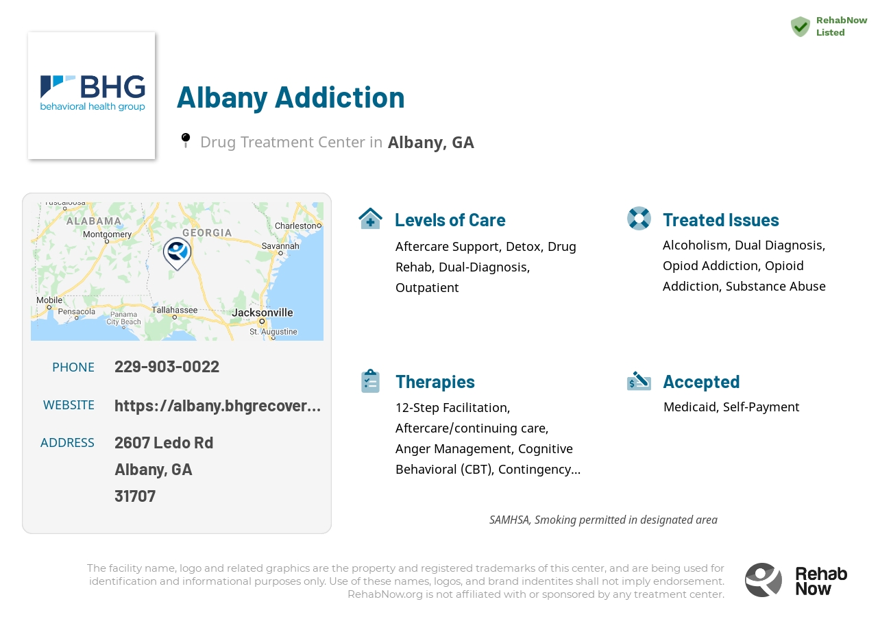 Helpful reference information for Albany Addiction, a drug treatment center in Georgia located at: 2607 Ledo Rd, Albany, GA 31707, including phone numbers, official website, and more. Listed briefly is an overview of Levels of Care, Therapies Offered, Issues Treated, and accepted forms of Payment Methods.