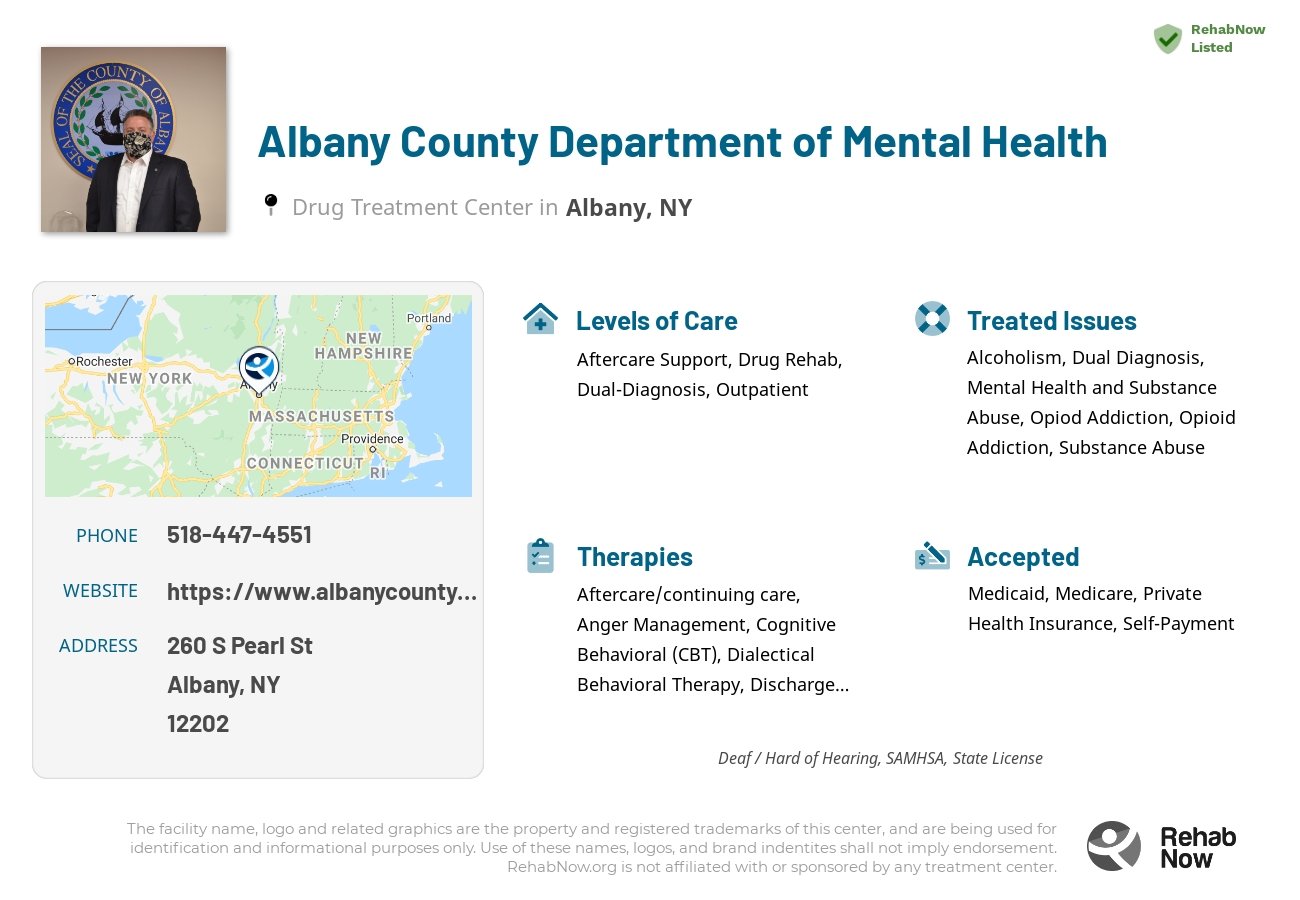 Helpful reference information for Albany County Department of Mental Health, a drug treatment center in New York located at: 260 S Pearl St, Albany, NY 12202, including phone numbers, official website, and more. Listed briefly is an overview of Levels of Care, Therapies Offered, Issues Treated, and accepted forms of Payment Methods.