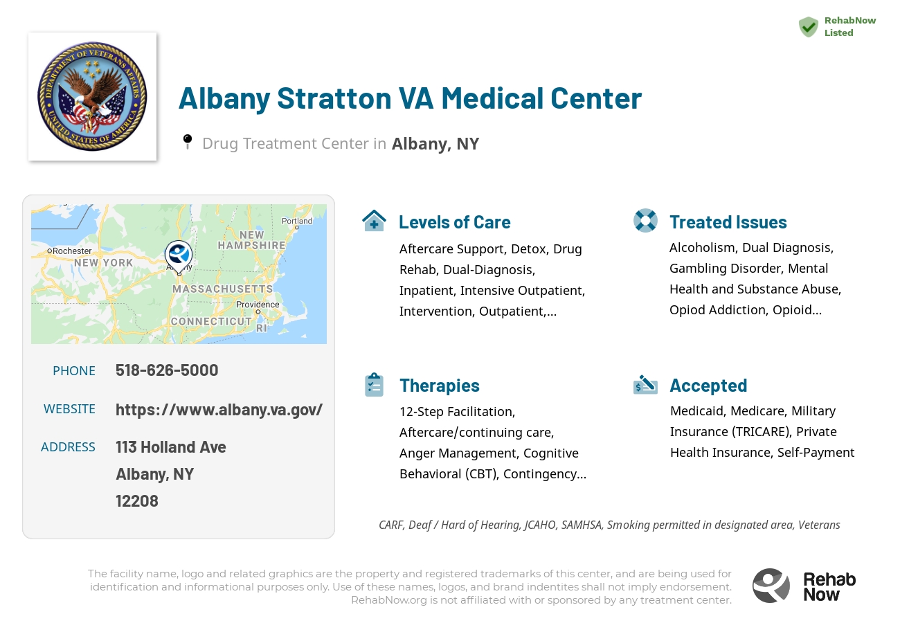 Helpful reference information for Albany Stratton VA Medical Center, a drug treatment center in New York located at: 113 Holland Ave, Albany, NY 12208, including phone numbers, official website, and more. Listed briefly is an overview of Levels of Care, Therapies Offered, Issues Treated, and accepted forms of Payment Methods.