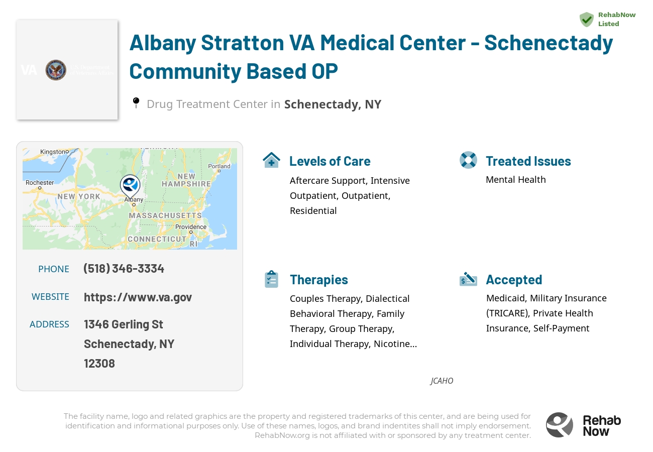Helpful reference information for Albany Stratton VA Medical Center - Schenectady Community Based OP, a drug treatment center in New York located at: 1346 Gerling St, Schenectady, NY 12308, including phone numbers, official website, and more. Listed briefly is an overview of Levels of Care, Therapies Offered, Issues Treated, and accepted forms of Payment Methods.