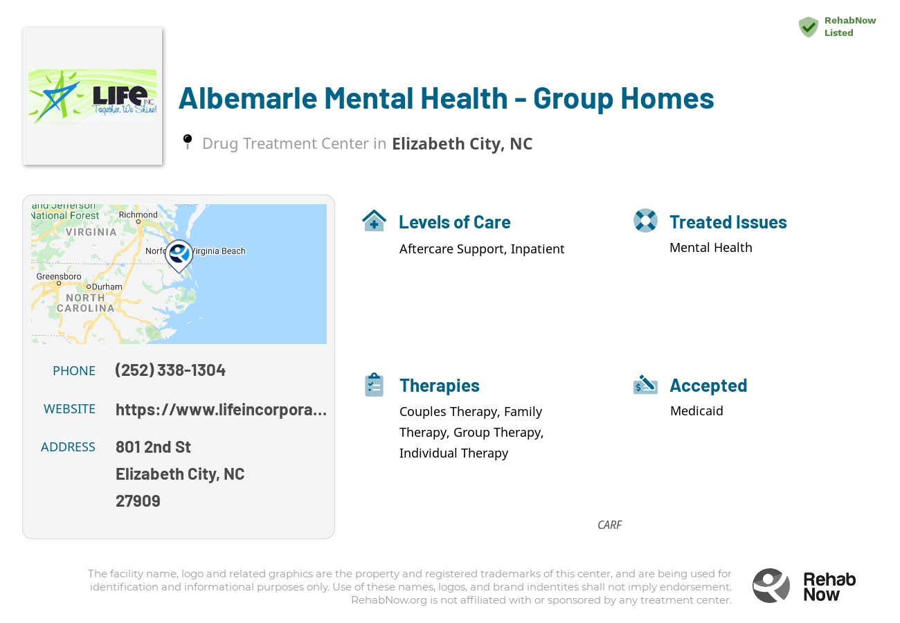 Helpful reference information for Albemarle Mental Health - Group Homes, a drug treatment center in North Carolina located at: 801 2nd St, Elizabeth City, NC 27909, including phone numbers, official website, and more. Listed briefly is an overview of Levels of Care, Therapies Offered, Issues Treated, and accepted forms of Payment Methods.
