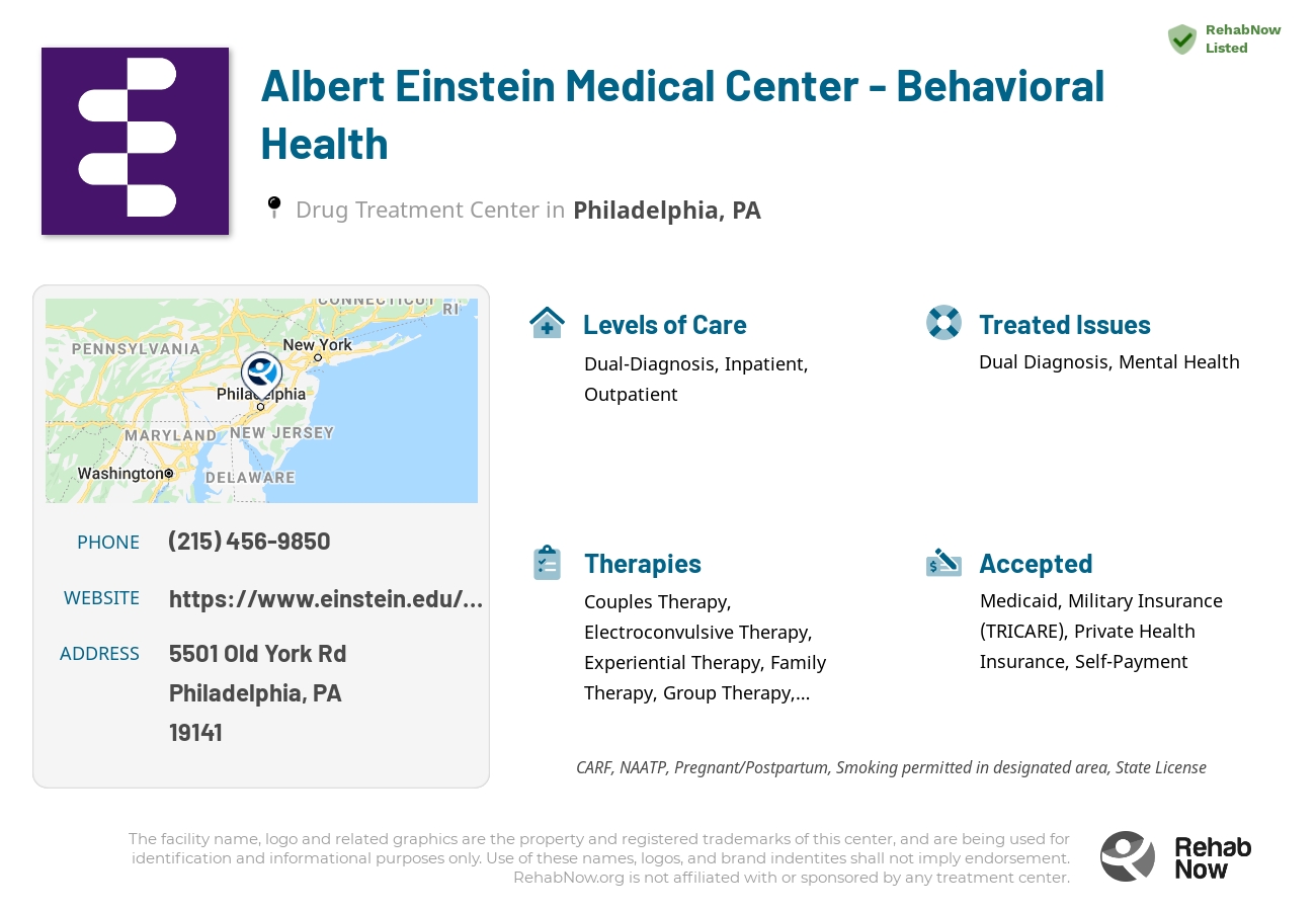 Helpful reference information for Albert Einstein Medical Center - Behavioral Health, a drug treatment center in Pennsylvania located at: 5501 Old York Rd, Philadelphia, PA 19141, including phone numbers, official website, and more. Listed briefly is an overview of Levels of Care, Therapies Offered, Issues Treated, and accepted forms of Payment Methods.