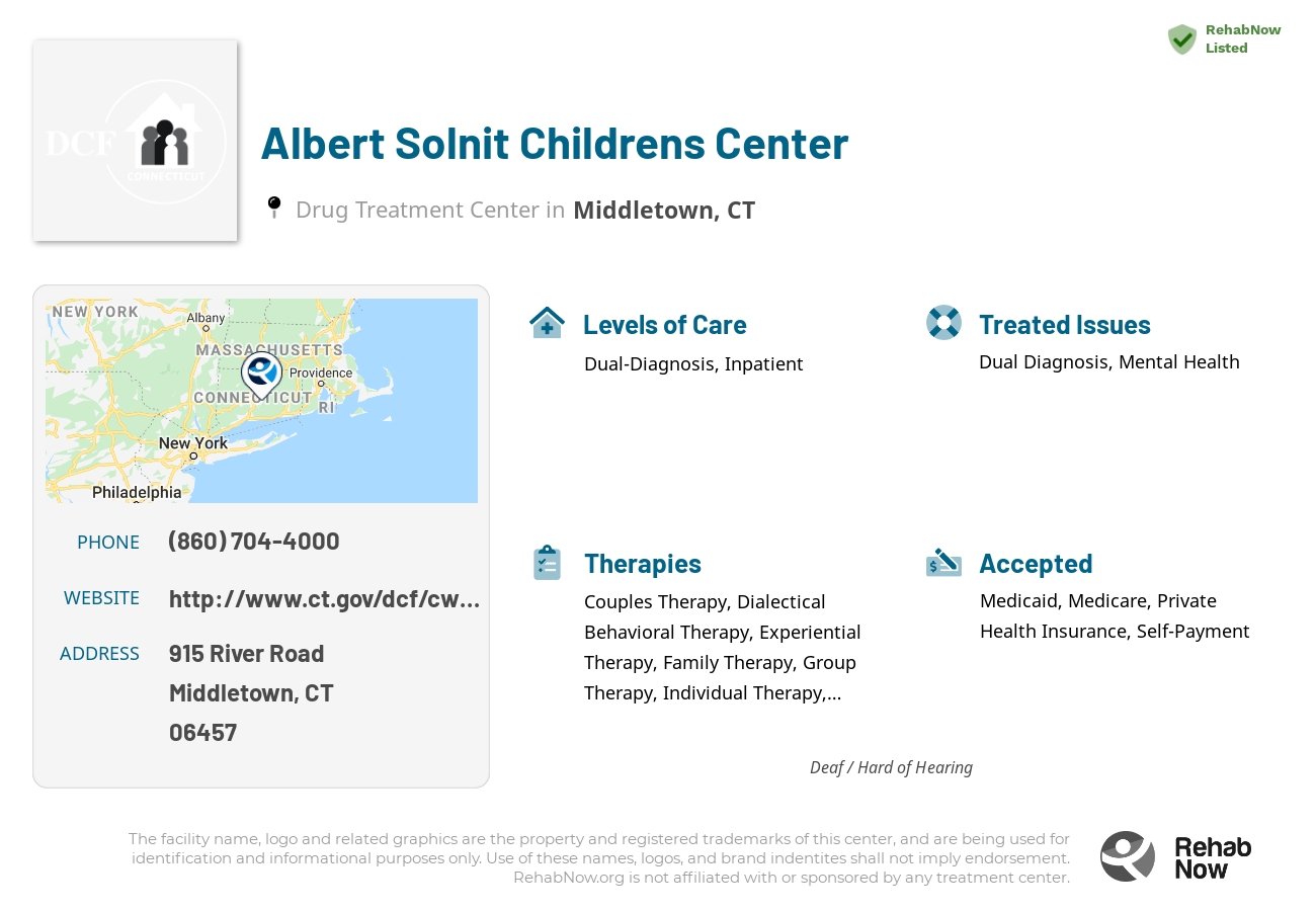 Helpful reference information for Albert Solnit Childrens Center, a drug treatment center in Connecticut located at: 915 River Road, Middletown, CT, 06457, including phone numbers, official website, and more. Listed briefly is an overview of Levels of Care, Therapies Offered, Issues Treated, and accepted forms of Payment Methods.