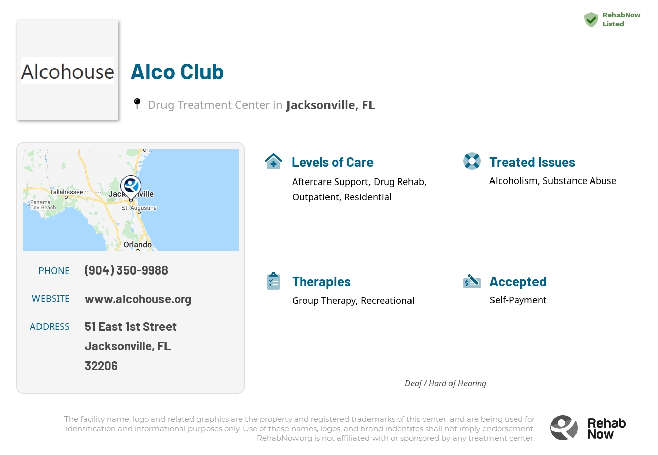 Helpful reference information for Alco Club, a drug treatment center in Florida located at: 51 East 1st Street, Jacksonville, FL, 32206, including phone numbers, official website, and more. Listed briefly is an overview of Levels of Care, Therapies Offered, Issues Treated, and accepted forms of Payment Methods.