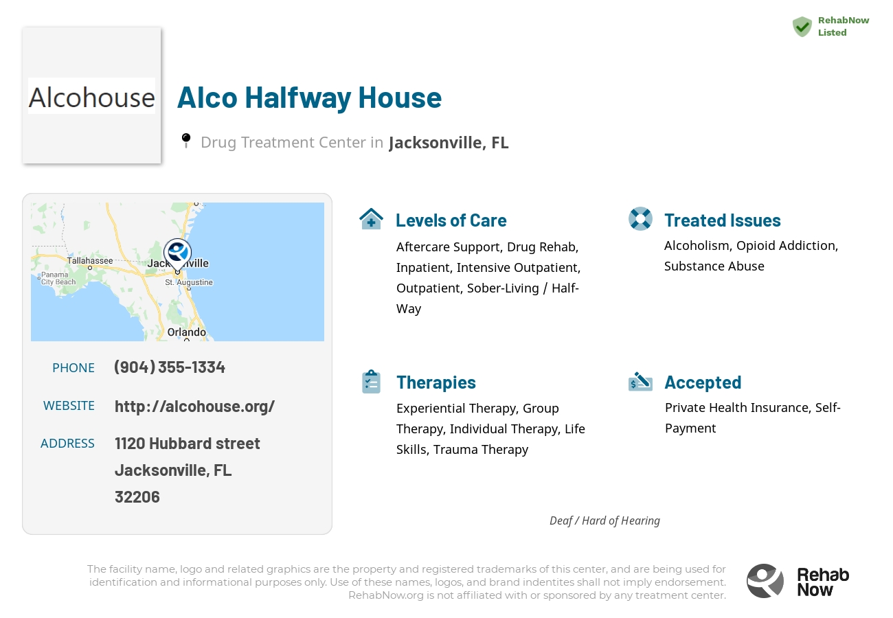 Helpful reference information for Alco Halfway House, a drug treatment center in Florida located at: 1120 Hubbard street, Jacksonville, FL, 32206, including phone numbers, official website, and more. Listed briefly is an overview of Levels of Care, Therapies Offered, Issues Treated, and accepted forms of Payment Methods.