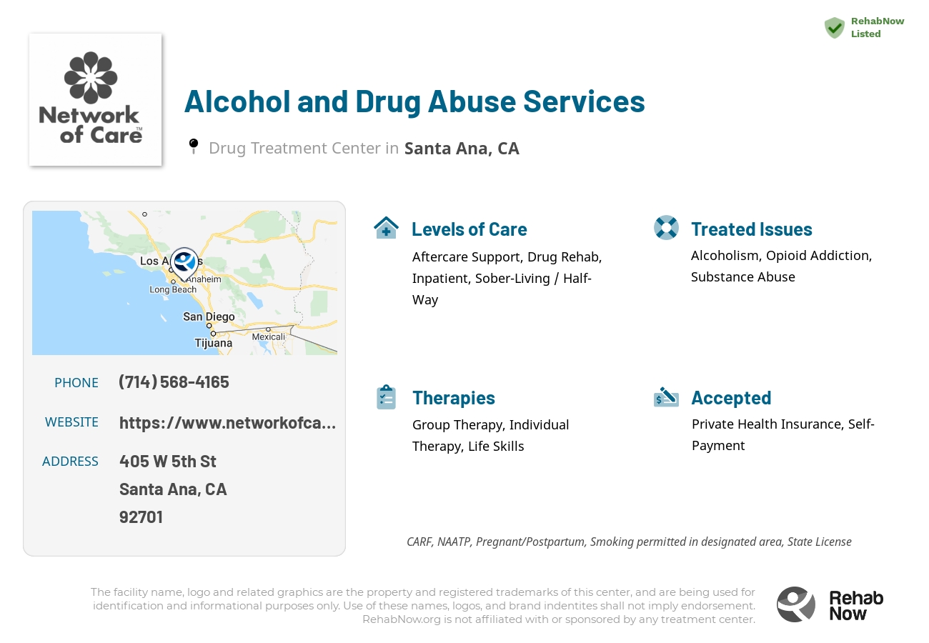 Helpful reference information for Alcohol and Drug Abuse Services, a drug treatment center in California located at: 405 W 5th St, Santa Ana, CA 92701, including phone numbers, official website, and more. Listed briefly is an overview of Levels of Care, Therapies Offered, Issues Treated, and accepted forms of Payment Methods.