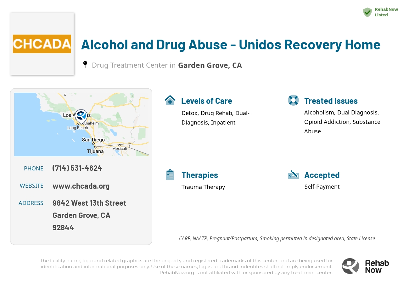 Helpful reference information for Alcohol and Drug Abuse - Unidos Recovery Home, a drug treatment center in California located at: 9842 West 13th Street, Garden Grove, CA, 92844, including phone numbers, official website, and more. Listed briefly is an overview of Levels of Care, Therapies Offered, Issues Treated, and accepted forms of Payment Methods.