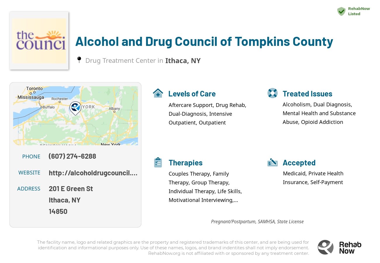 Helpful reference information for Alcohol and Drug Council of Tompkins County, a drug treatment center in New York located at: 201 E Green St, Ithaca, NY 14850, including phone numbers, official website, and more. Listed briefly is an overview of Levels of Care, Therapies Offered, Issues Treated, and accepted forms of Payment Methods.