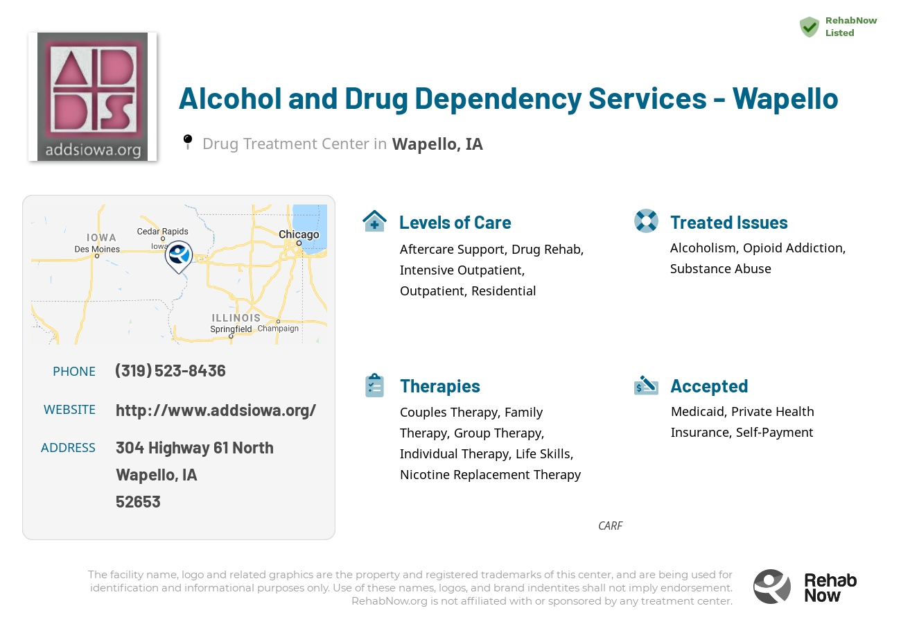 Helpful reference information for Alcohol and Drug Dependency Services - Wapello, a drug treatment center in Iowa located at: 304 Highway 61 North, Wapello, IA, 52653, including phone numbers, official website, and more. Listed briefly is an overview of Levels of Care, Therapies Offered, Issues Treated, and accepted forms of Payment Methods.