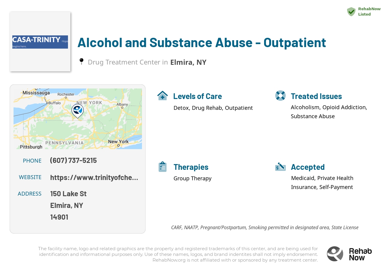 Helpful reference information for Alcohol and Substance Abuse - Outpatient, a drug treatment center in New York located at: 150 Lake St, Elmira, NY 14901, including phone numbers, official website, and more. Listed briefly is an overview of Levels of Care, Therapies Offered, Issues Treated, and accepted forms of Payment Methods.