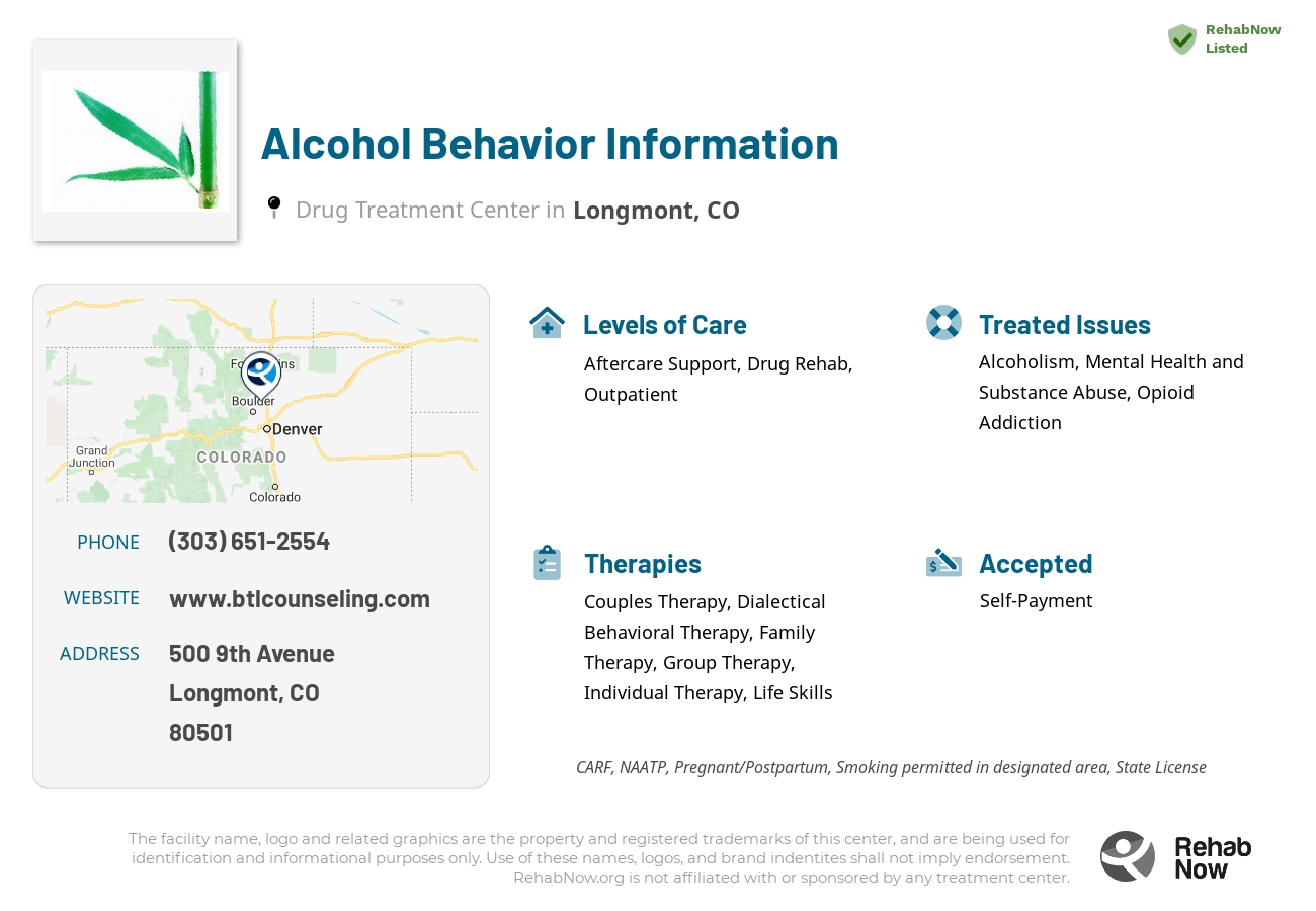 Helpful reference information for Alcohol Behavior Information, a drug treatment center in Colorado located at: 500 9th Avenue, Longmont, CO, 80501, including phone numbers, official website, and more. Listed briefly is an overview of Levels of Care, Therapies Offered, Issues Treated, and accepted forms of Payment Methods.