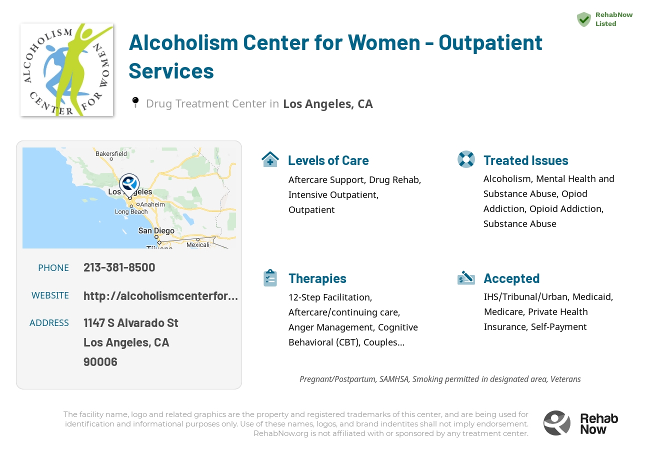 Helpful reference information for Alcoholism Center for Women - Outpatient Services, a drug treatment center in California located at: 1147 S Alvarado St, Los Angeles, CA 90006, including phone numbers, official website, and more. Listed briefly is an overview of Levels of Care, Therapies Offered, Issues Treated, and accepted forms of Payment Methods.
