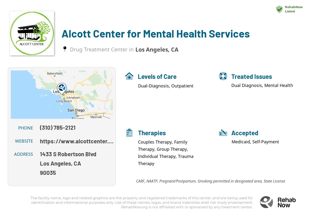 Helpful reference information for Alcott Center for Mental Health Services, a drug treatment center in California located at: 1433 S Robertson Blvd, Los Angeles, CA 90035, including phone numbers, official website, and more. Listed briefly is an overview of Levels of Care, Therapies Offered, Issues Treated, and accepted forms of Payment Methods.