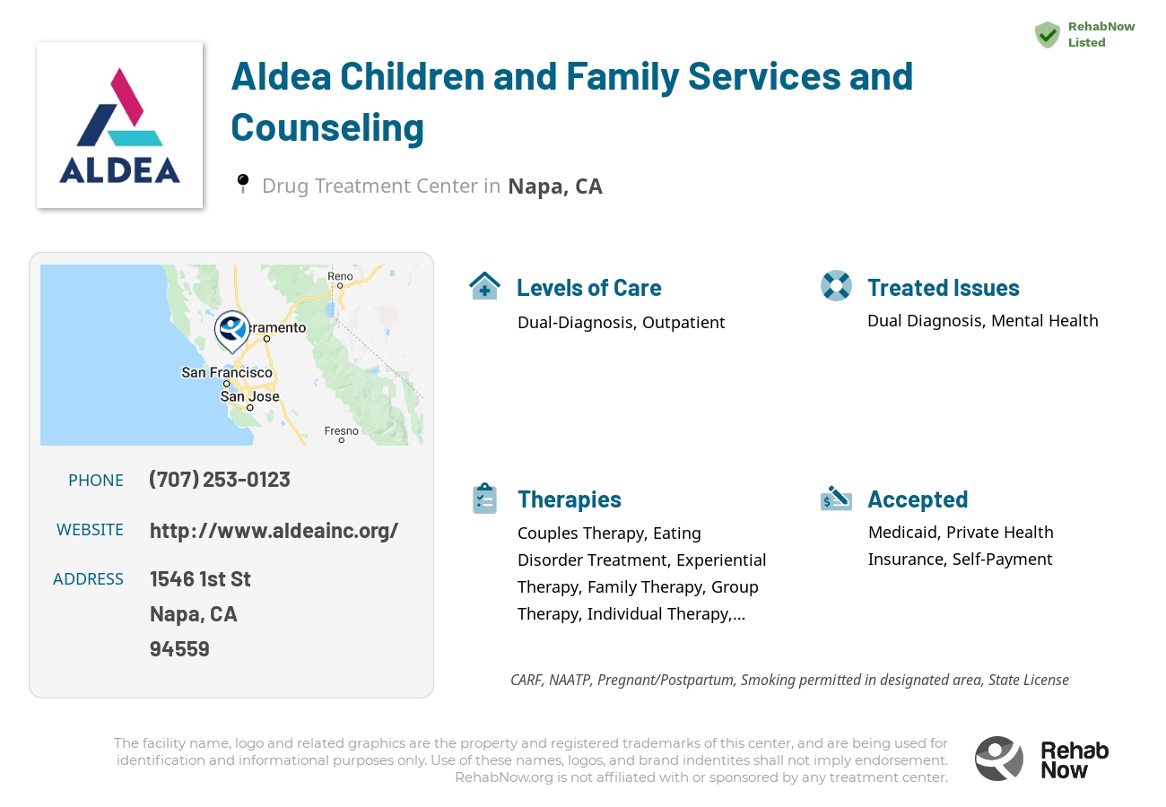 Helpful reference information for Aldea Children and Family Services and Counseling, a drug treatment center in California located at: 1546 1st St, Napa, CA 94559, including phone numbers, official website, and more. Listed briefly is an overview of Levels of Care, Therapies Offered, Issues Treated, and accepted forms of Payment Methods.