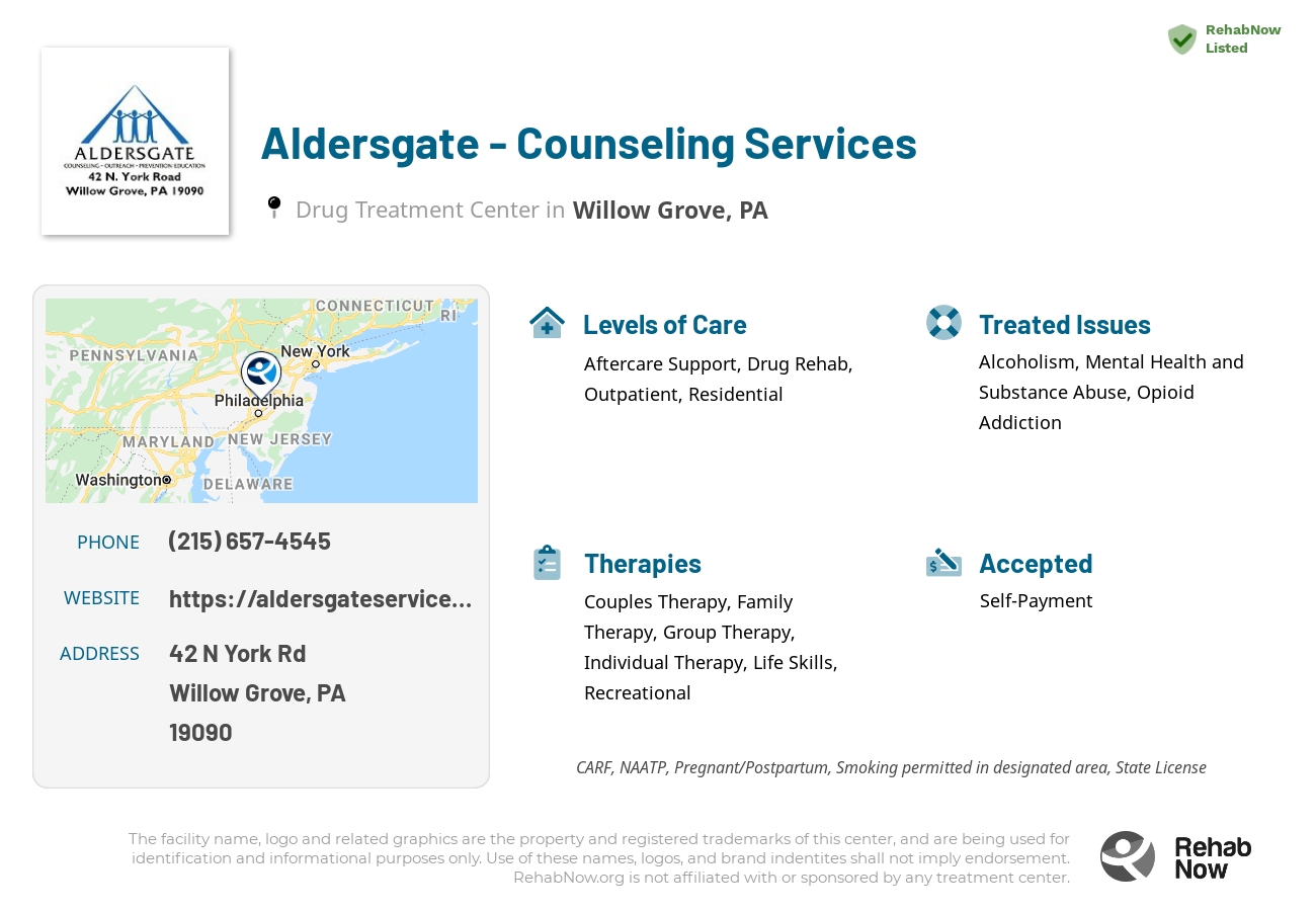 Helpful reference information for Aldersgate - Counseling Services, a drug treatment center in Pennsylvania located at: 42 N York Rd, Willow Grove, PA 19090, including phone numbers, official website, and more. Listed briefly is an overview of Levels of Care, Therapies Offered, Issues Treated, and accepted forms of Payment Methods.
