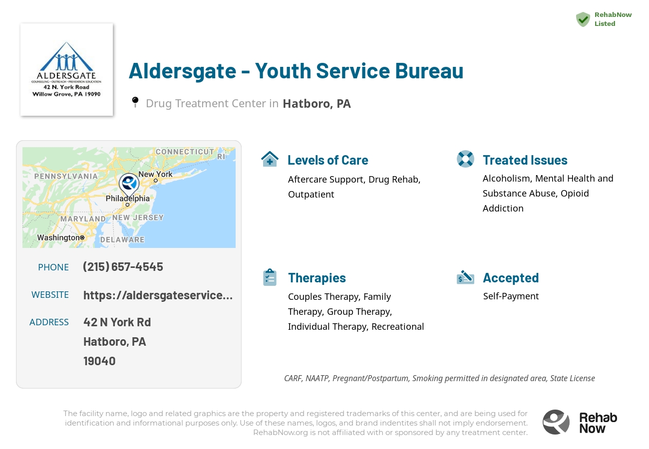 Helpful reference information for Aldersgate - Youth Service Bureau, a drug treatment center in Pennsylvania located at: 42 N York Rd, Hatboro, PA 19040, including phone numbers, official website, and more. Listed briefly is an overview of Levels of Care, Therapies Offered, Issues Treated, and accepted forms of Payment Methods.