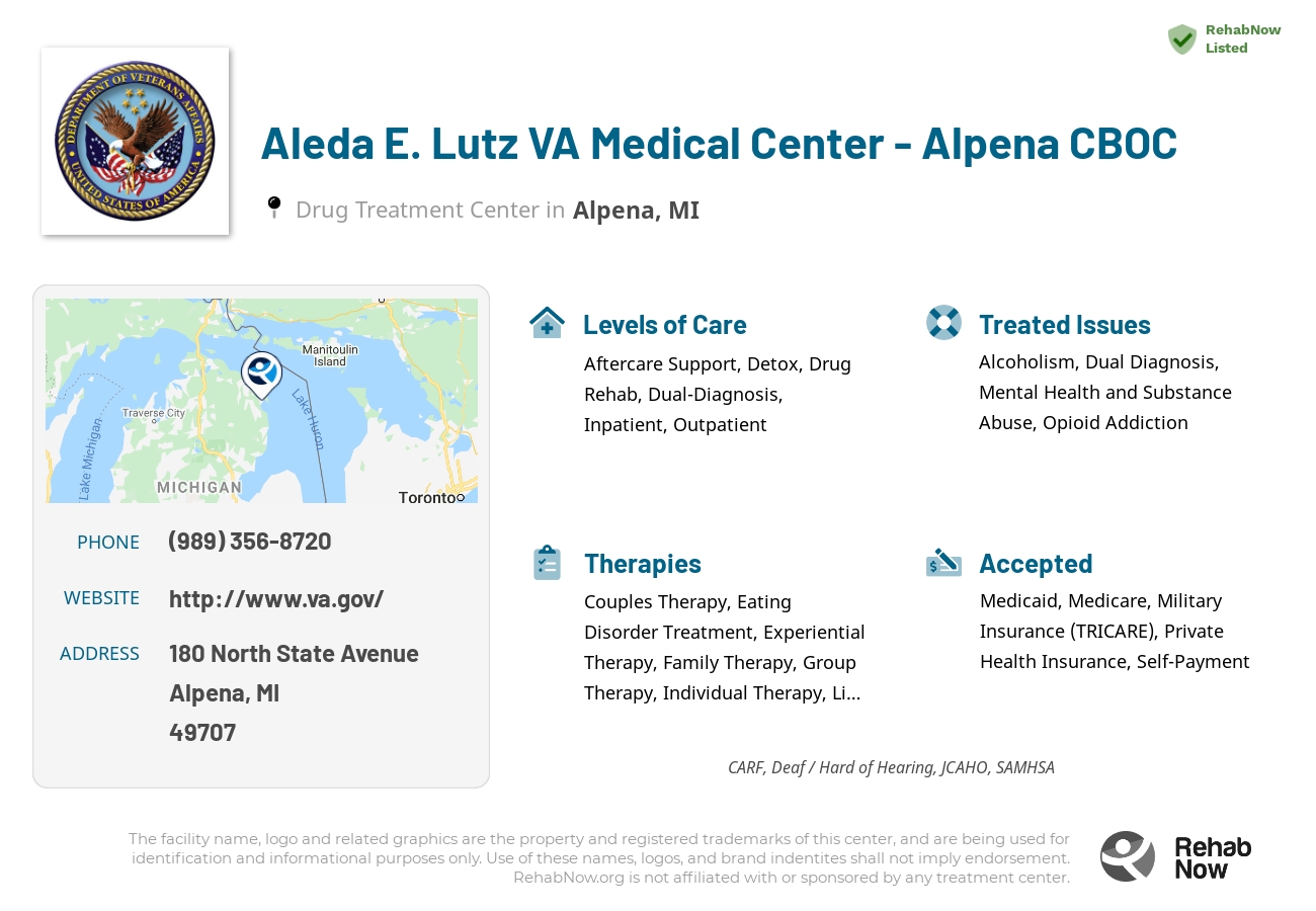 Helpful reference information for Aleda E. Lutz VA Medical Center - Alpena CBOC, a drug treatment center in Michigan located at: 180 North State Avenue, Alpena, MI, 49707, including phone numbers, official website, and more. Listed briefly is an overview of Levels of Care, Therapies Offered, Issues Treated, and accepted forms of Payment Methods.
