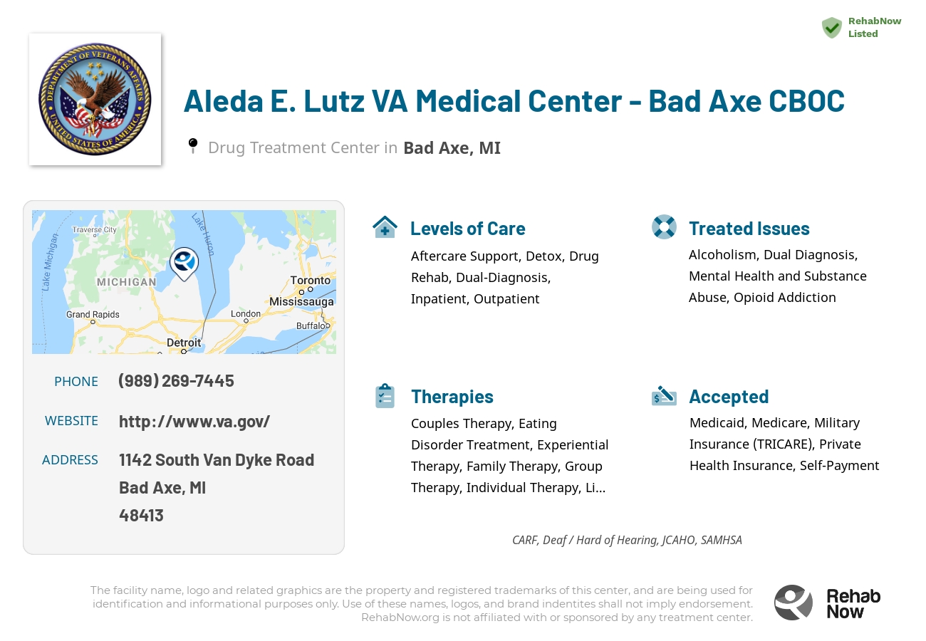 Helpful reference information for Aleda E. Lutz VA Medical Center - Bad Axe CBOC, a drug treatment center in Michigan located at: 1142 South Van Dyke Road, Bad Axe, MI, 48413, including phone numbers, official website, and more. Listed briefly is an overview of Levels of Care, Therapies Offered, Issues Treated, and accepted forms of Payment Methods.