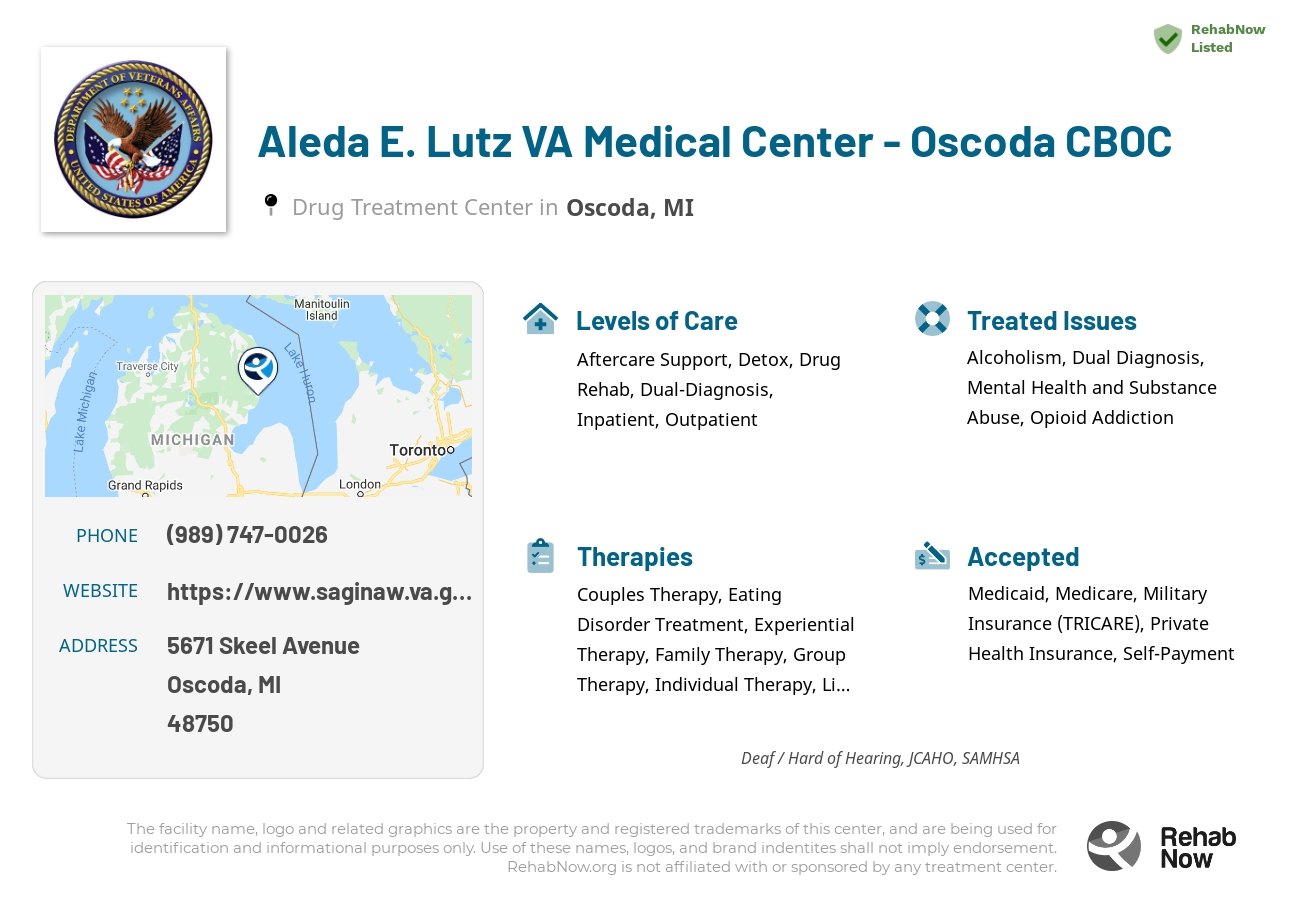 Helpful reference information for Aleda E. Lutz VA Medical Center - Oscoda CBOC, a drug treatment center in Michigan located at: 5671 Skeel Avenue, Oscoda, MI, 48750, including phone numbers, official website, and more. Listed briefly is an overview of Levels of Care, Therapies Offered, Issues Treated, and accepted forms of Payment Methods.