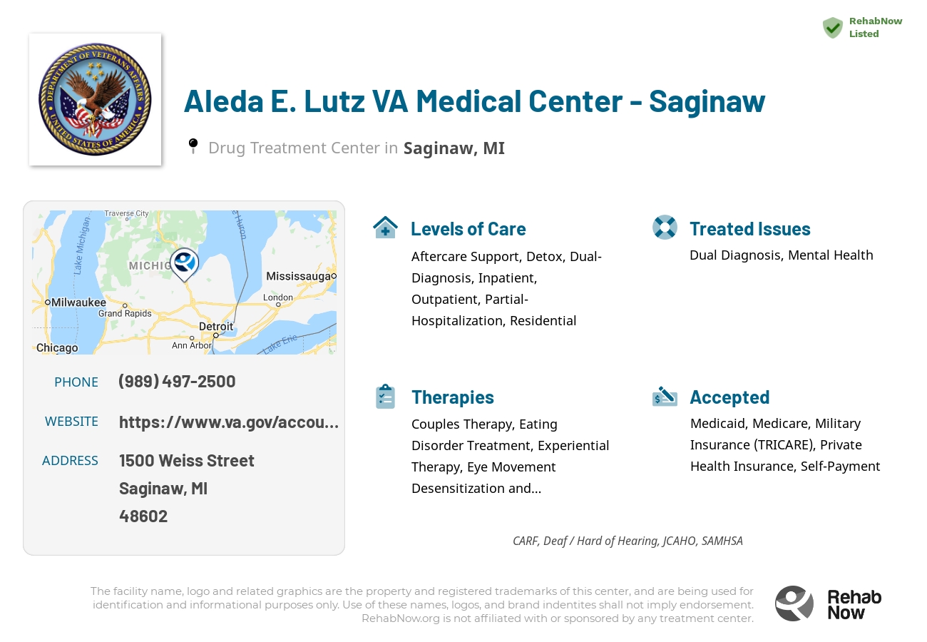 Helpful reference information for Aleda E. Lutz VA Medical Center - Saginaw, a drug treatment center in Michigan located at: 1500 Weiss Street, Saginaw, MI, 48602, including phone numbers, official website, and more. Listed briefly is an overview of Levels of Care, Therapies Offered, Issues Treated, and accepted forms of Payment Methods.