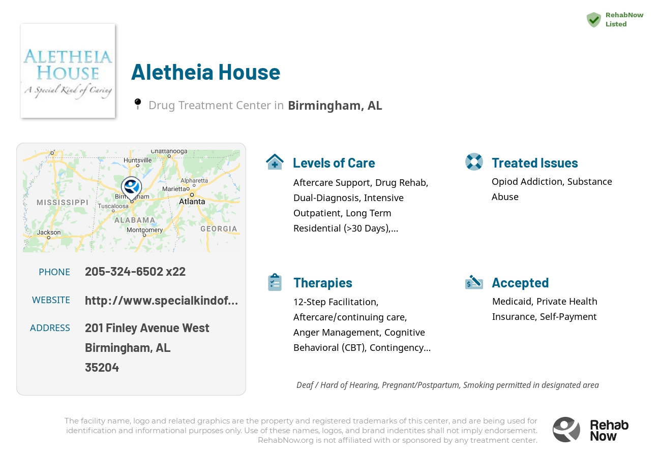 Helpful reference information for Aletheia House, a drug treatment center in Alabama located at: 201 Finley Avenue West, Birmingham, AL 35204, including phone numbers, official website, and more. Listed briefly is an overview of Levels of Care, Therapies Offered, Issues Treated, and accepted forms of Payment Methods.