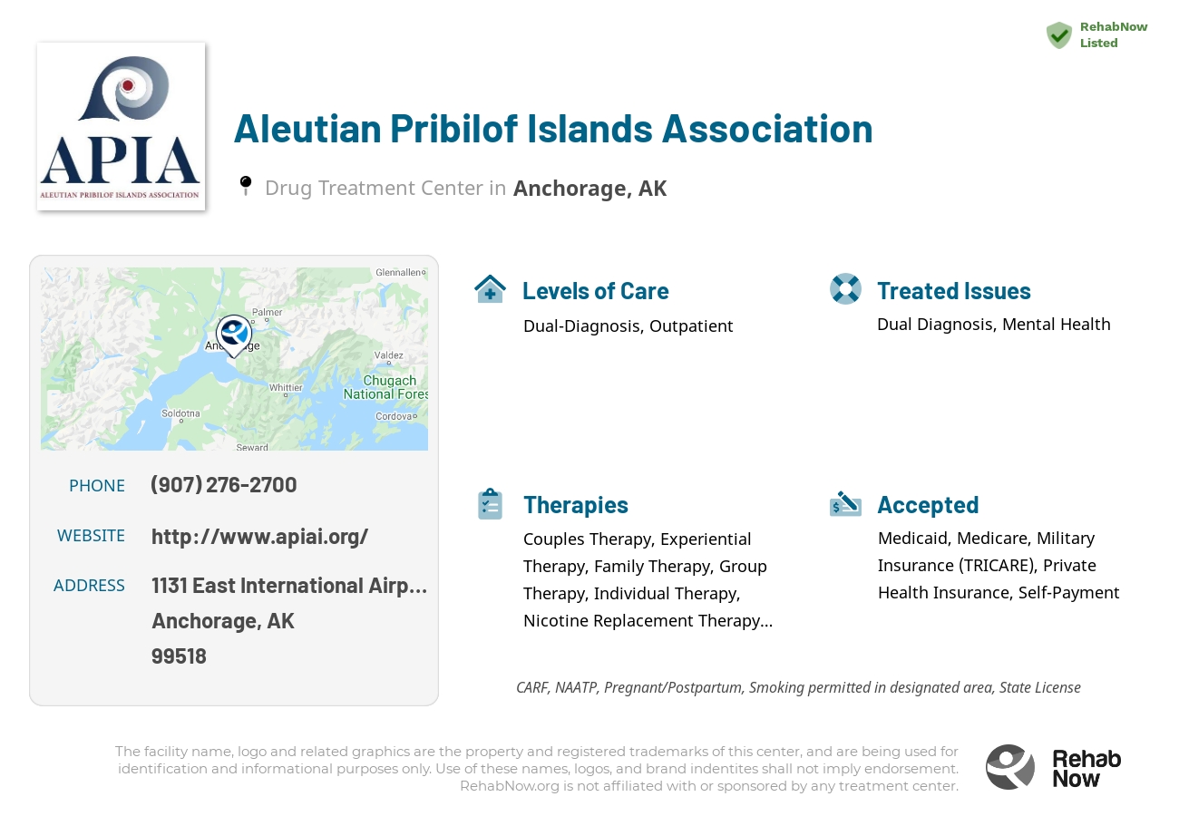 Helpful reference information for Aleutian Pribilof Islands Association, a drug treatment center in Alaska located at: 1131 East International Airport Road, Anchorage, AK, 99518, including phone numbers, official website, and more. Listed briefly is an overview of Levels of Care, Therapies Offered, Issues Treated, and accepted forms of Payment Methods.