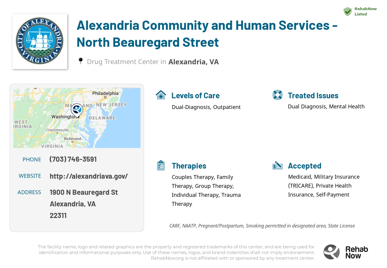 Helpful reference information for Alexandria Community and Human Services - North Beauregard Street, a drug treatment center in Virginia located at: 1900 N Beauregard St, Alexandria, VA 22311, including phone numbers, official website, and more. Listed briefly is an overview of Levels of Care, Therapies Offered, Issues Treated, and accepted forms of Payment Methods.