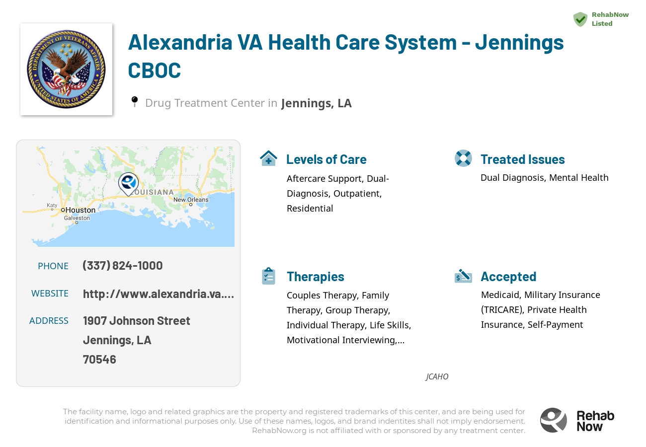 Helpful reference information for Alexandria VA Health Care System - Jennings CBOC, a drug treatment center in Louisiana located at: 1907 1907 Johnson Street, Jennings, LA 70546, including phone numbers, official website, and more. Listed briefly is an overview of Levels of Care, Therapies Offered, Issues Treated, and accepted forms of Payment Methods.