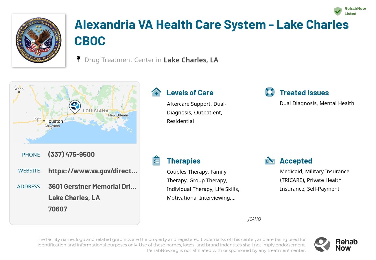 Helpful reference information for Alexandria VA Health Care System - Lake Charles CBOC, a drug treatment center in Louisiana located at: 3601 3601 Gerstner Memorial Drive, Highway 14, Lake Charles, LA 70607, including phone numbers, official website, and more. Listed briefly is an overview of Levels of Care, Therapies Offered, Issues Treated, and accepted forms of Payment Methods.