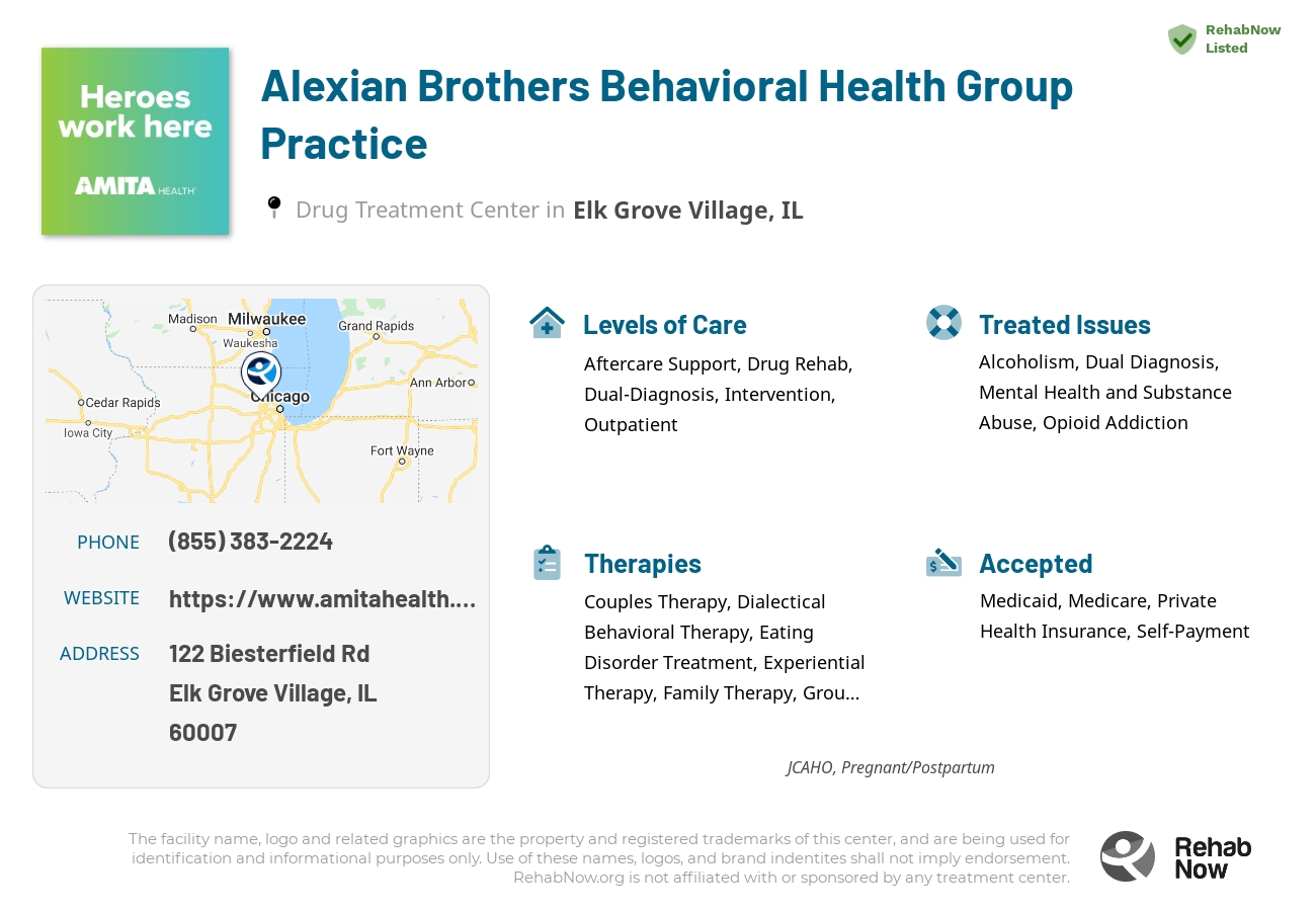 Helpful reference information for Alexian Brothers Behavioral Health Group Practice, a drug treatment center in Illinois located at: 122 Biesterfield Rd, Elk Grove Village, IL 60007, including phone numbers, official website, and more. Listed briefly is an overview of Levels of Care, Therapies Offered, Issues Treated, and accepted forms of Payment Methods.