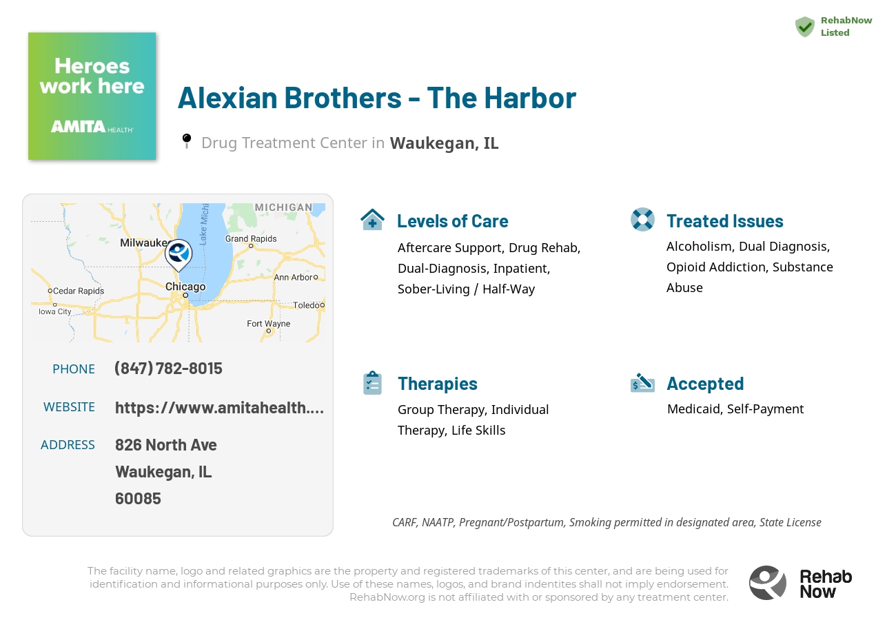 Helpful reference information for Alexian Brothers - The Harbor, a drug treatment center in Illinois located at: 826 North Ave, Waukegan, IL 60085, including phone numbers, official website, and more. Listed briefly is an overview of Levels of Care, Therapies Offered, Issues Treated, and accepted forms of Payment Methods.