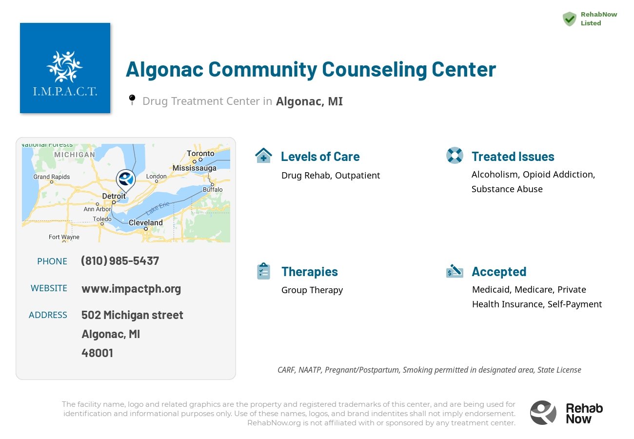 Helpful reference information for Algonac Community Counseling Center, a drug treatment center in Michigan located at: 502 Michigan street, Algonac, MI, 48001, including phone numbers, official website, and more. Listed briefly is an overview of Levels of Care, Therapies Offered, Issues Treated, and accepted forms of Payment Methods.