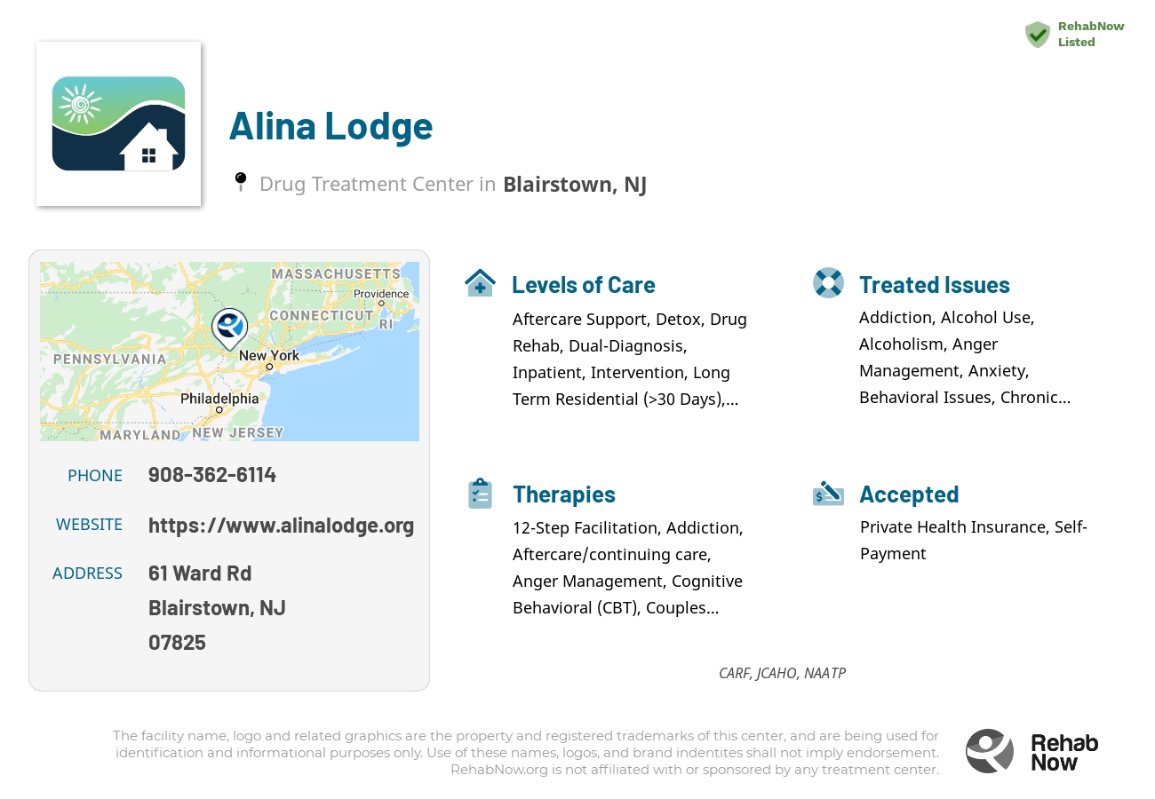 Helpful reference information for Alina Lodge, a drug treatment center in New Jersey located at: 61 Ward Rd, Blairstown, NJ 07825, including phone numbers, official website, and more. Listed briefly is an overview of Levels of Care, Therapies Offered, Issues Treated, and accepted forms of Payment Methods.