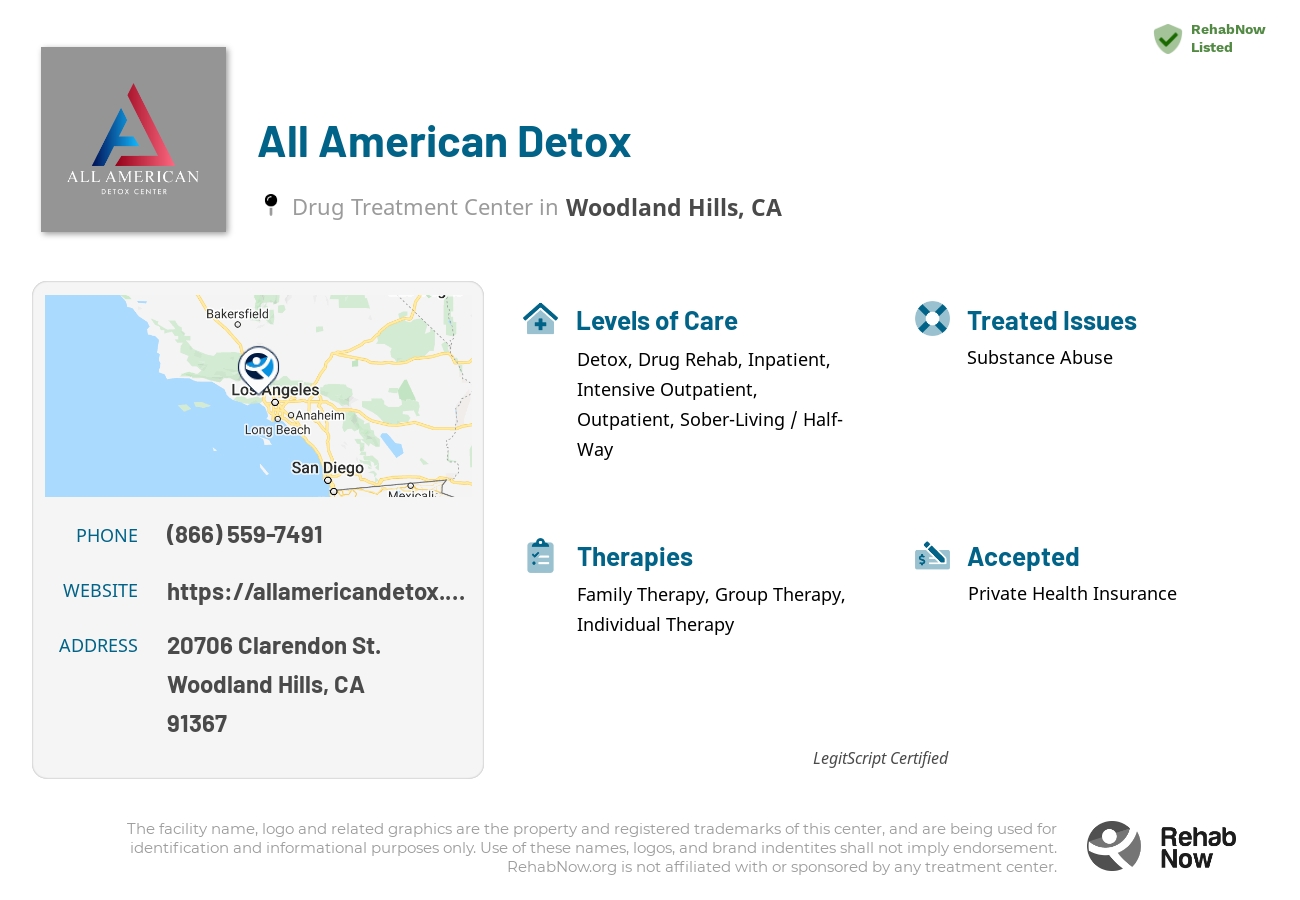 Helpful reference information for All American Detox, a drug treatment center in California located at: 20706 Clarendon St., Woodland Hills, CA, 91367, including phone numbers, official website, and more. Listed briefly is an overview of Levels of Care, Therapies Offered, Issues Treated, and accepted forms of Payment Methods.