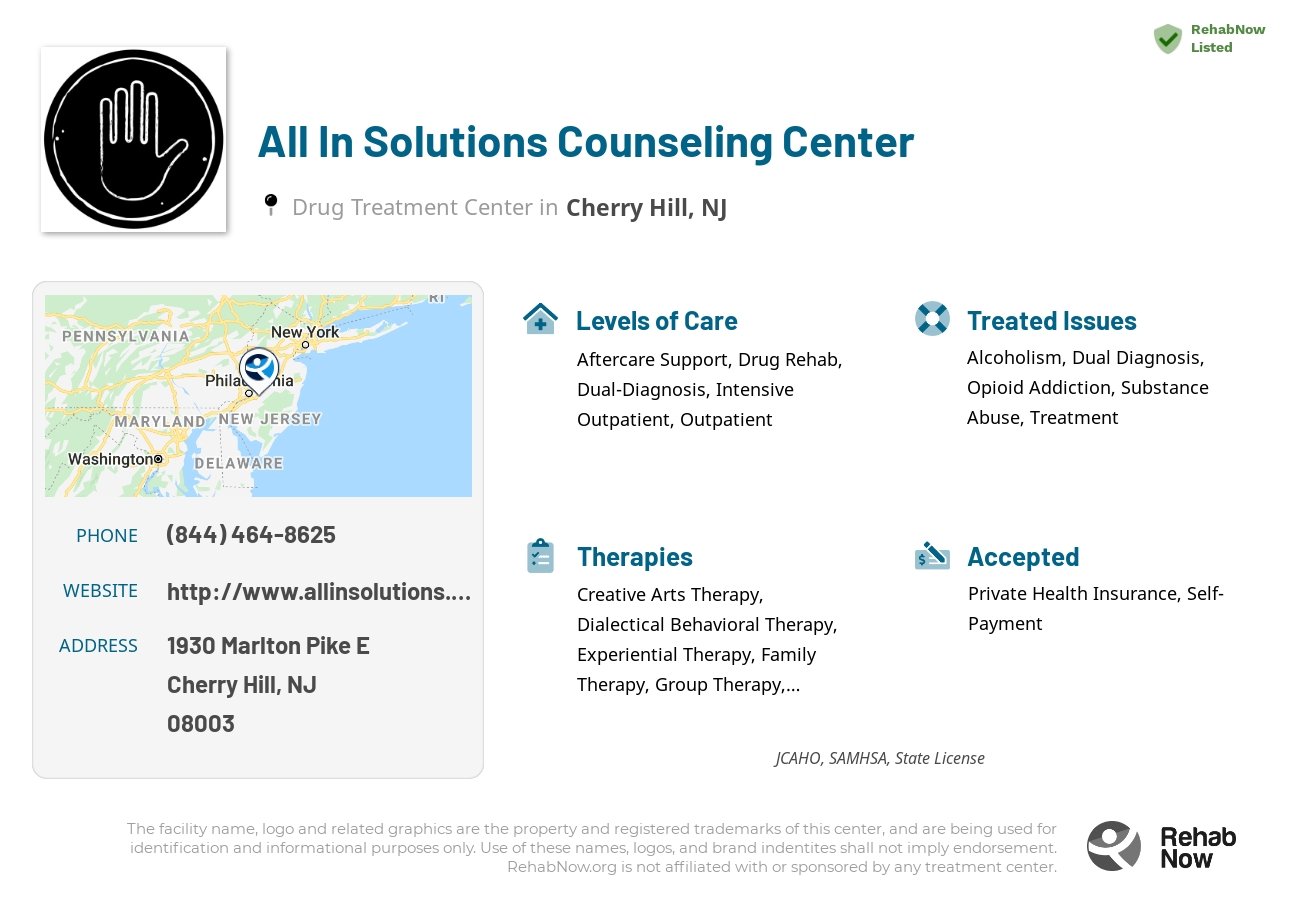 Helpful reference information for All In Solutions Counseling Center, a drug treatment center in New Jersey located at: 1930 Marlton Pike E, Cherry Hill, NJ 08003, including phone numbers, official website, and more. Listed briefly is an overview of Levels of Care, Therapies Offered, Issues Treated, and accepted forms of Payment Methods.