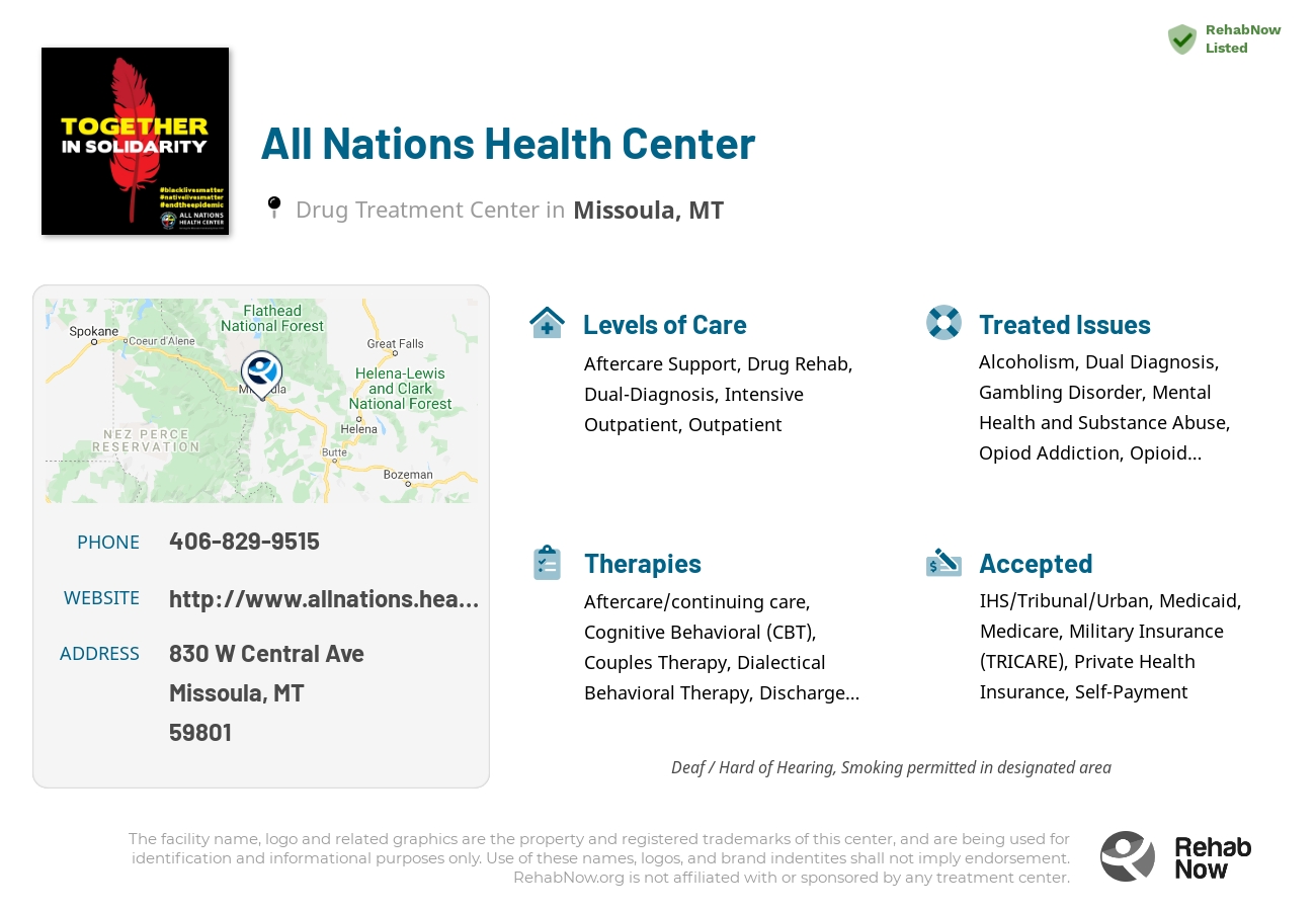Helpful reference information for All Nations Health Center, a drug treatment center in Montana located at: 830 W Central Ave, Missoula, MT 59801, including phone numbers, official website, and more. Listed briefly is an overview of Levels of Care, Therapies Offered, Issues Treated, and accepted forms of Payment Methods.