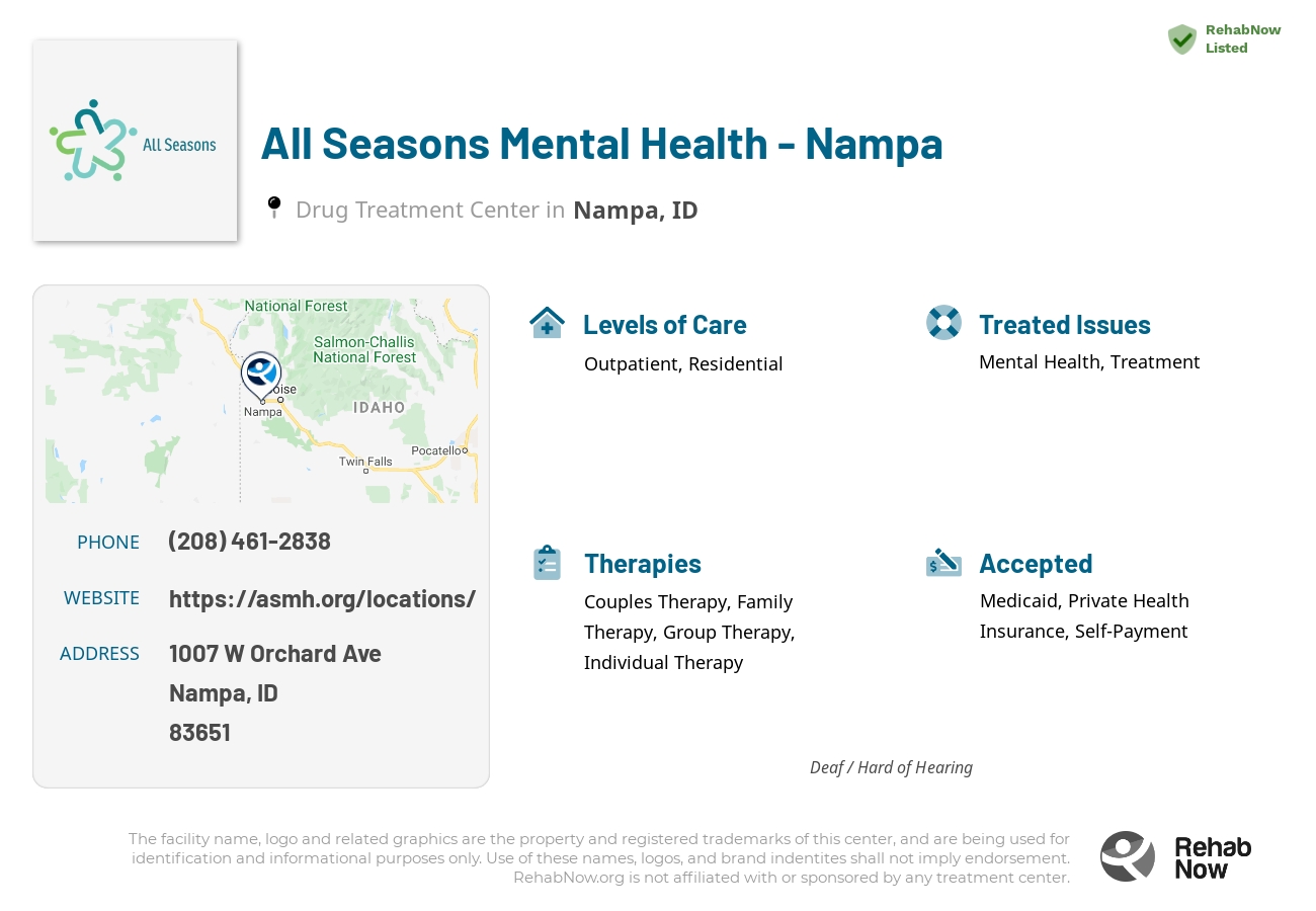 Helpful reference information for All Seasons Mental Health - Nampa, a drug treatment center in Idaho located at: 1007 W Orchard Ave, Nampa, ID 83651, including phone numbers, official website, and more. Listed briefly is an overview of Levels of Care, Therapies Offered, Issues Treated, and accepted forms of Payment Methods.