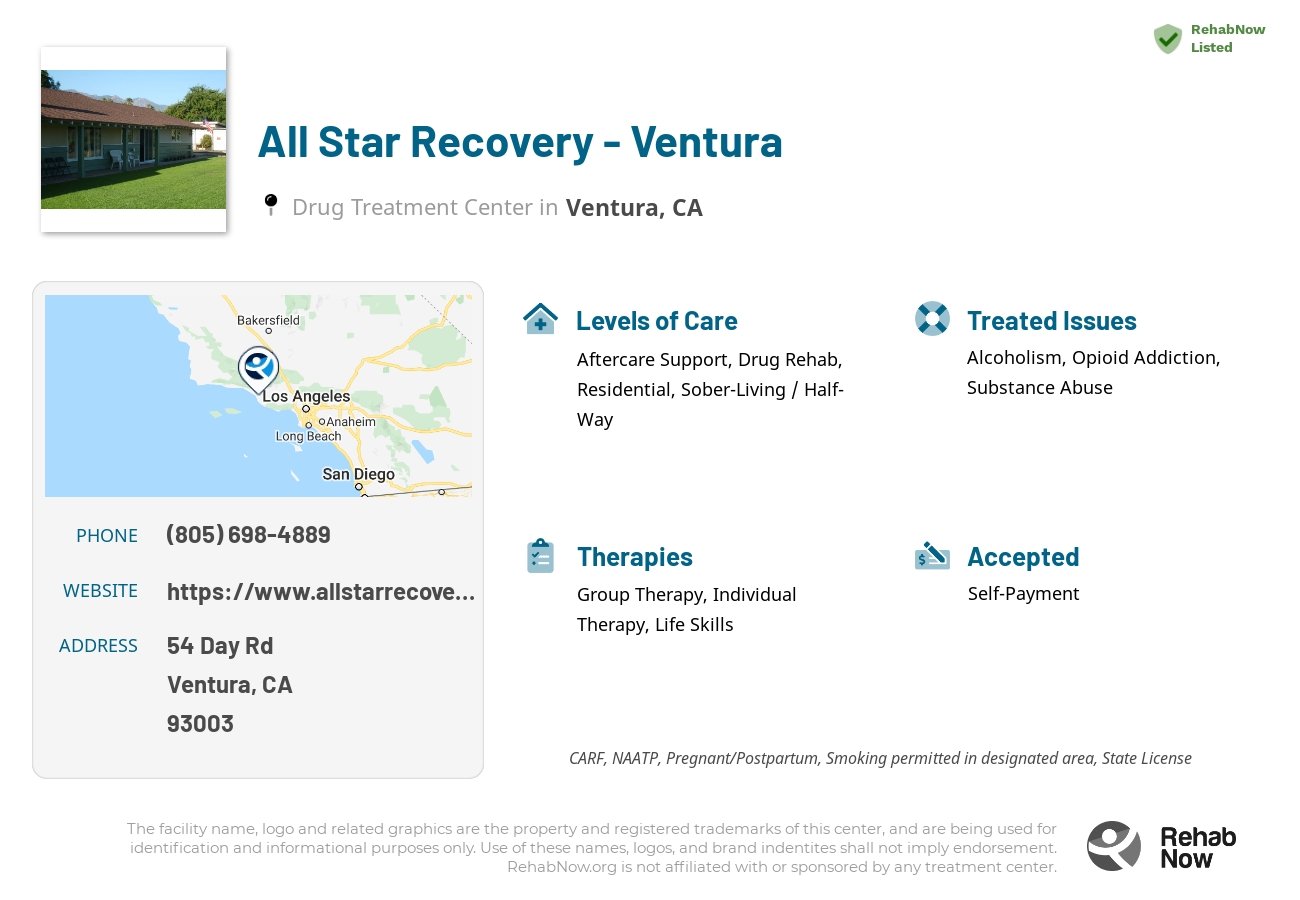 Helpful reference information for All Star Recovery - Ventura, a drug treatment center in California located at: 54 Day Rd, Ventura, CA 93003, including phone numbers, official website, and more. Listed briefly is an overview of Levels of Care, Therapies Offered, Issues Treated, and accepted forms of Payment Methods.