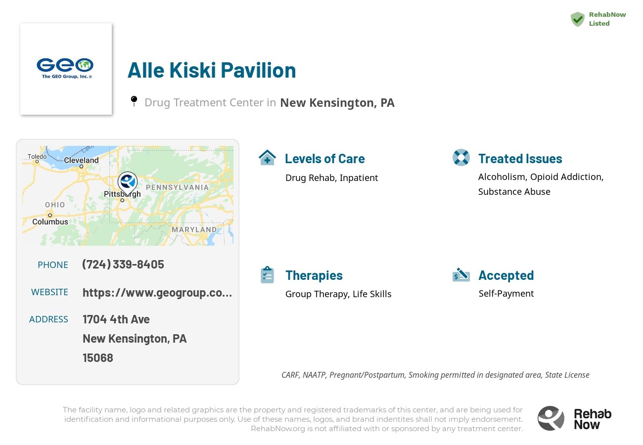 Helpful reference information for Alle Kiski Pavilion, a drug treatment center in Pennsylvania located at: 1704 4th Ave, New Kensington, PA 15068, including phone numbers, official website, and more. Listed briefly is an overview of Levels of Care, Therapies Offered, Issues Treated, and accepted forms of Payment Methods.